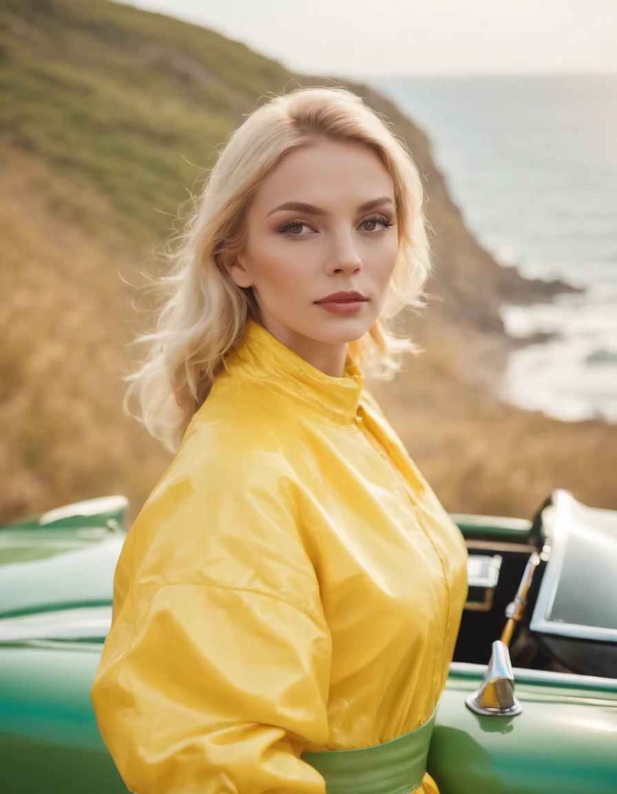 blonde woman dressed in yellow plastic clothes, green retro car and sea in the background, sunny day, half body shot, high quality photo