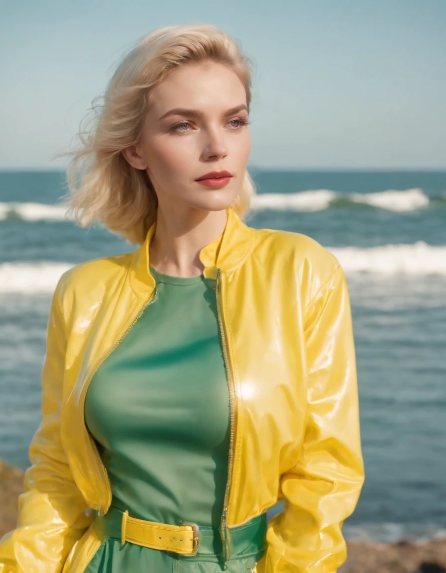blonde woman dressed in yellow plastic clothes, green retro car and sea in the background, sunny day, half body shot, high quality photo