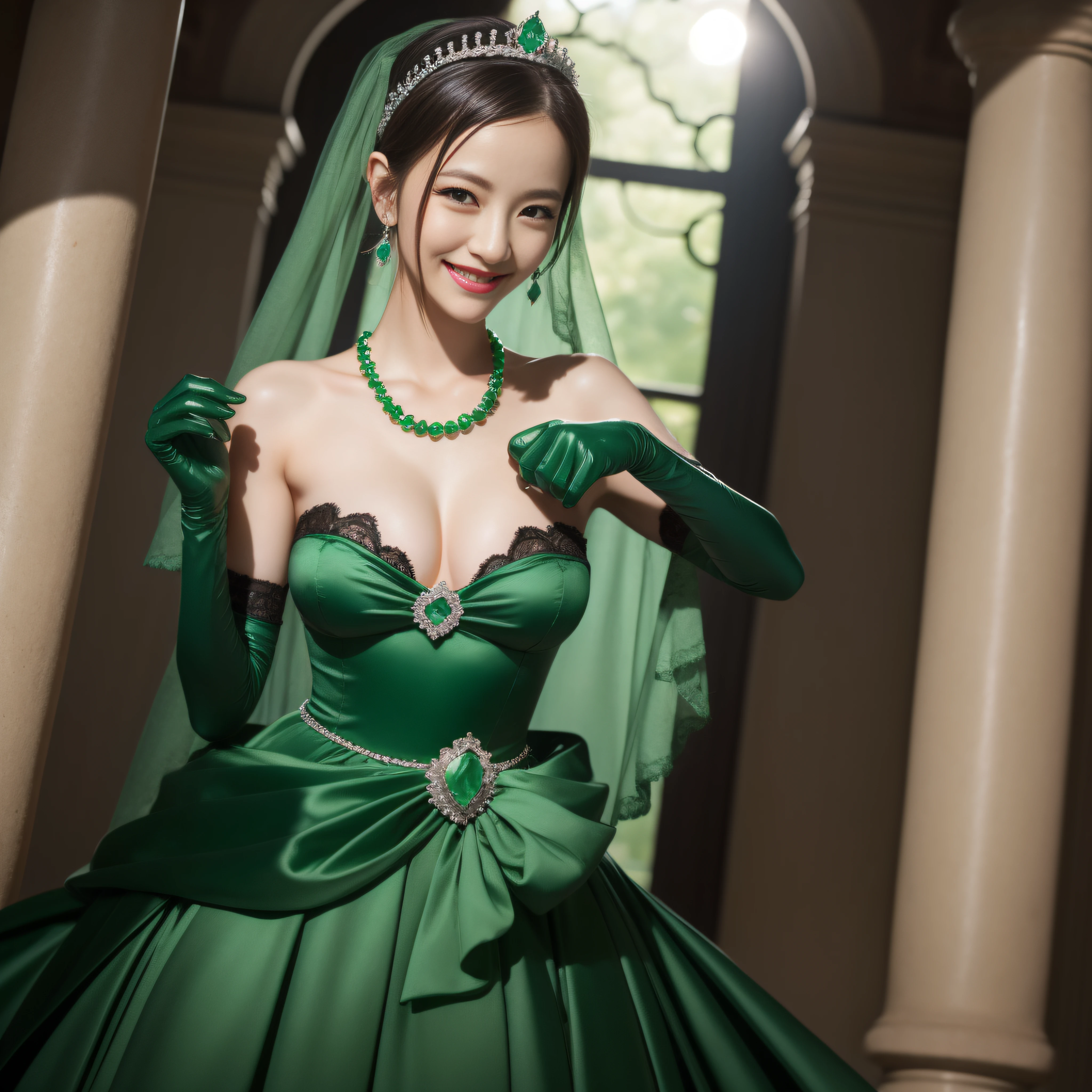 emerald tiara, Green Pearl Necklace, Boyish very short black hair, lipsticks, Japan woman smiling, Long green gloves made of satin material, very short short hair, Guts Pose, Green eyes, big breasts beautiful