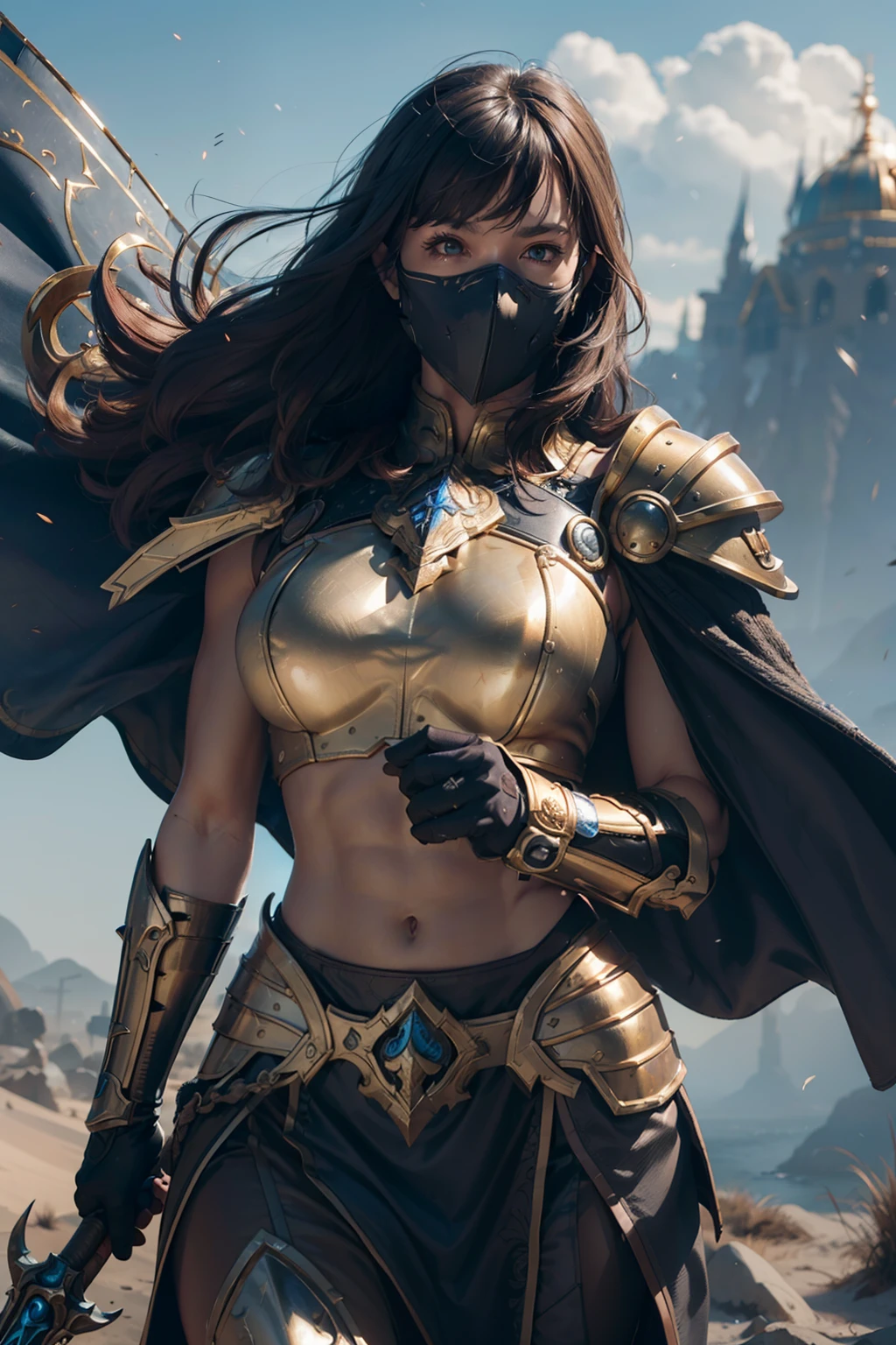 (((Well toned abs))), 8K, Ultra Definition, Mask pieces, of the highest quality, (Very detailed), Dynamic angles, mysterious look, Wind-effect, Fantasy background, Rim lighting, Cinematic lights, Ultra High Resolution, 8K UHD, Film grain, better shadows, Gentle, raw, light Particle, Detailed skin texture, detailed armor texture, Detailed face, Intricate details, super detailed, Bright, Strong, golden armour, (Holding hammer), Slashing, Crushing action, pauldron, Long cape, Fantasy, (Realistic), Shoulder Armor, Convoluted, with an intricate, Perfect Lighting, Watching Viewer, Cinematic lighting, Flying Keywords: Flying, Holy Light, Vibrant, Bangs, Wind, Paladin