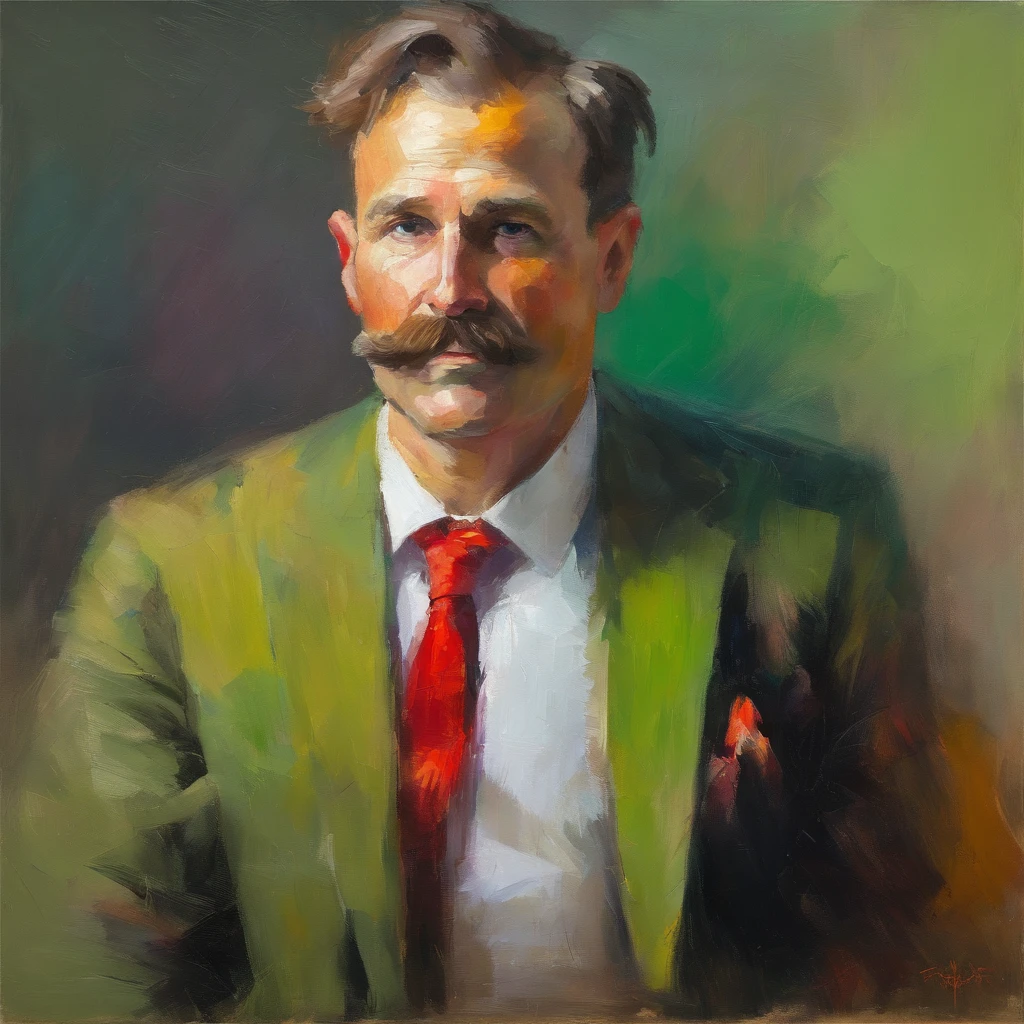 -age ma short mullet, mutton chops, nose is red and bulbous, broad torso, strong arms, long thin legs, green suede blazer, light brown trousers, white shirt, rainbow necktie, (masterpiece), best quality, expressive eyes, perfect face