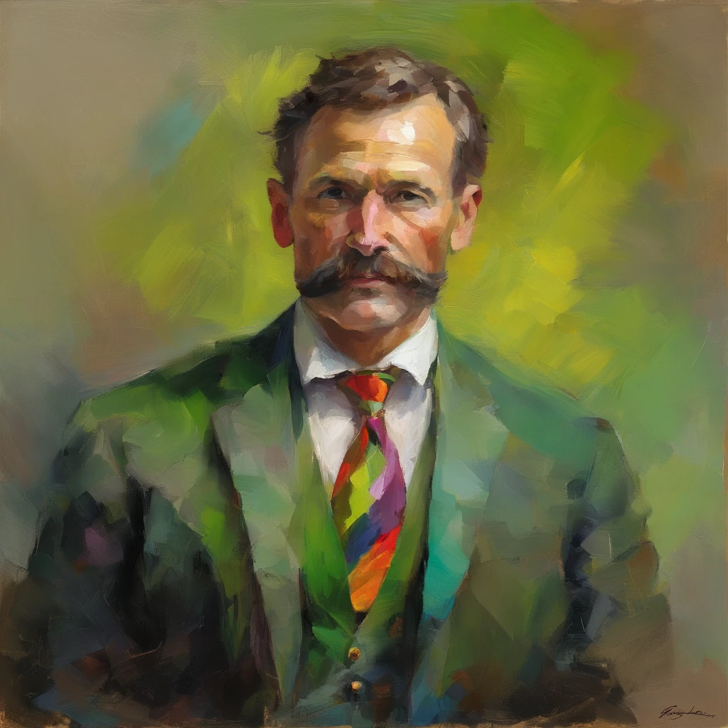 Middle-age male, short mullet, mutton chops, nose is red and bulbous, broad torso, strong arms, long thin legs, green suede blazer, light brown trousers, white shirt, rainbow necktie, (masterpiece), best quality, expressive eyes, perfect face