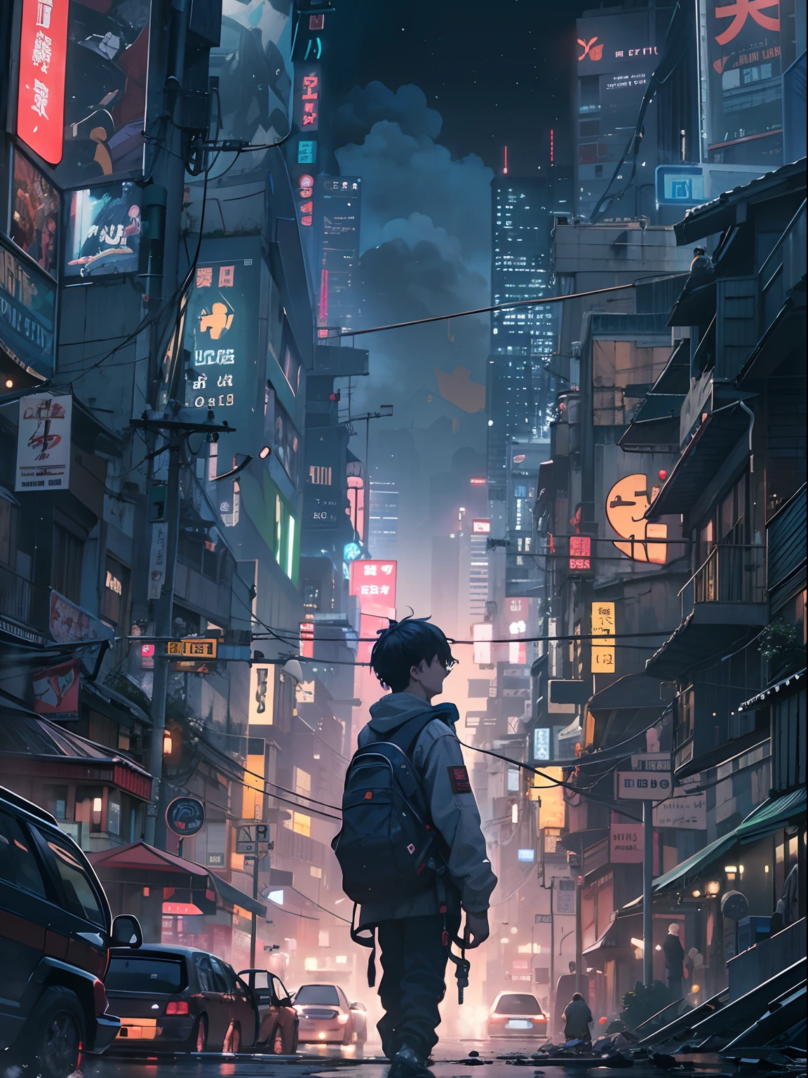 1boy,、Cyberpunk Boy、katanas,Whole body bloody、The beginning of the adventure、Lots of clouds,heavy fog、starrysky、Moon,Chaotic city of the future、Movie dystopia、A group of very tall skyscrapers stands in the center、Very complex cityscape,Crowded Chinese skyscrapers、street signs、streetlights、taxis、buses、Train、Pretty dim lighting、Dark road、puddles、Chaotic、Beautiful and fantastic scenery、Cinematic scenery、hightquality、masutepiece,in 8K、hight resolution、