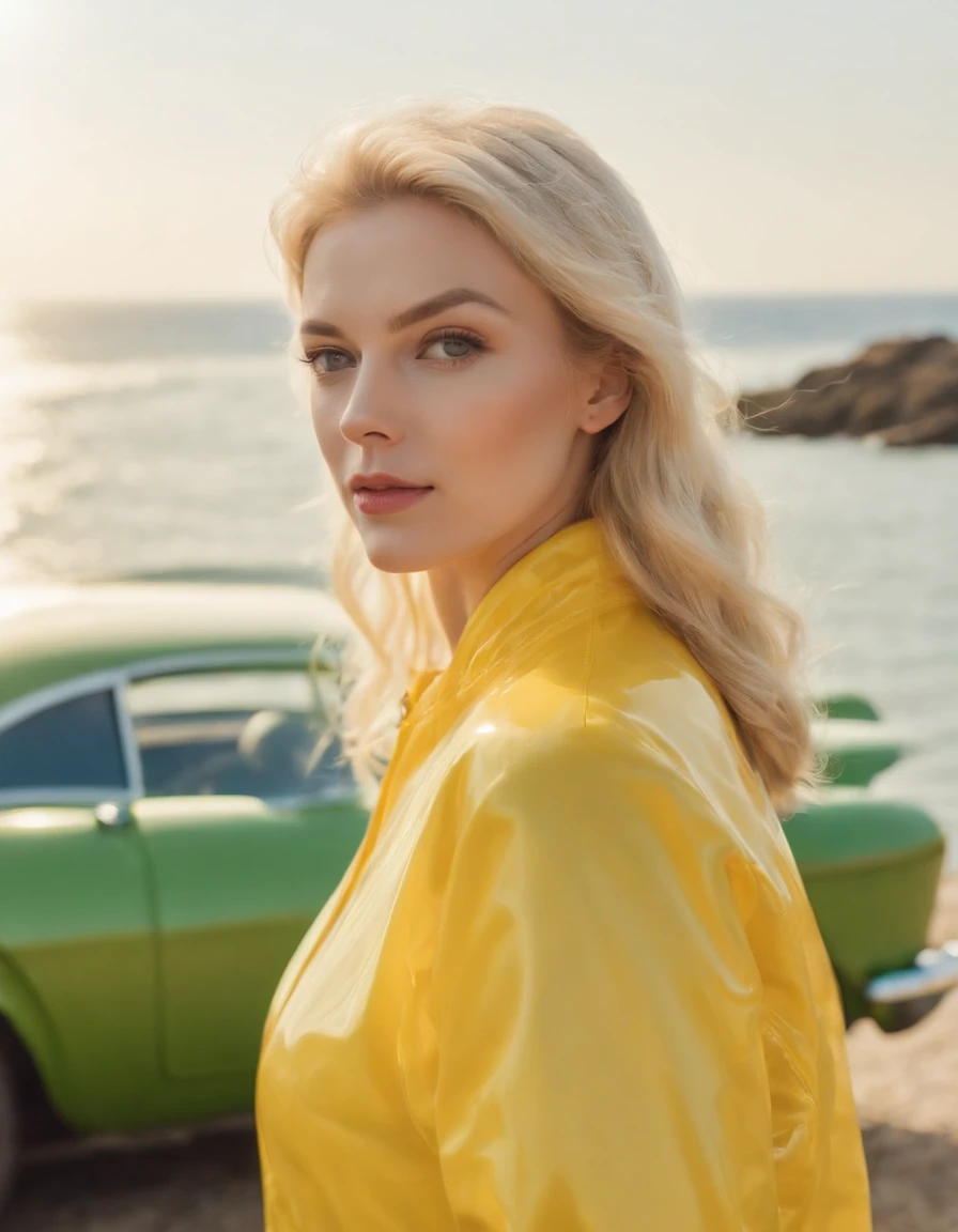 blonde woman dressed in yellow plastic clothes, green retro car and sea in the background, sunny day, half body shot, high quality photo