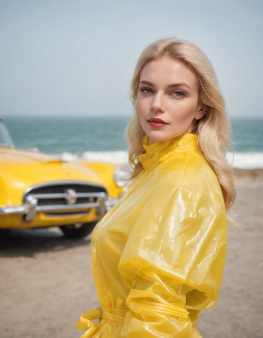 blonde woman dressed in yellow plastic clothes, green retro car and sea in the background, sunny day, half body shot, high quality photo