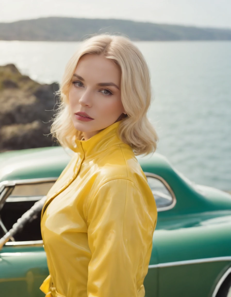blonde woman dressed in yellow plastic clothes, green retro car and sea in the background, sunny day, half body shot, high quality photo