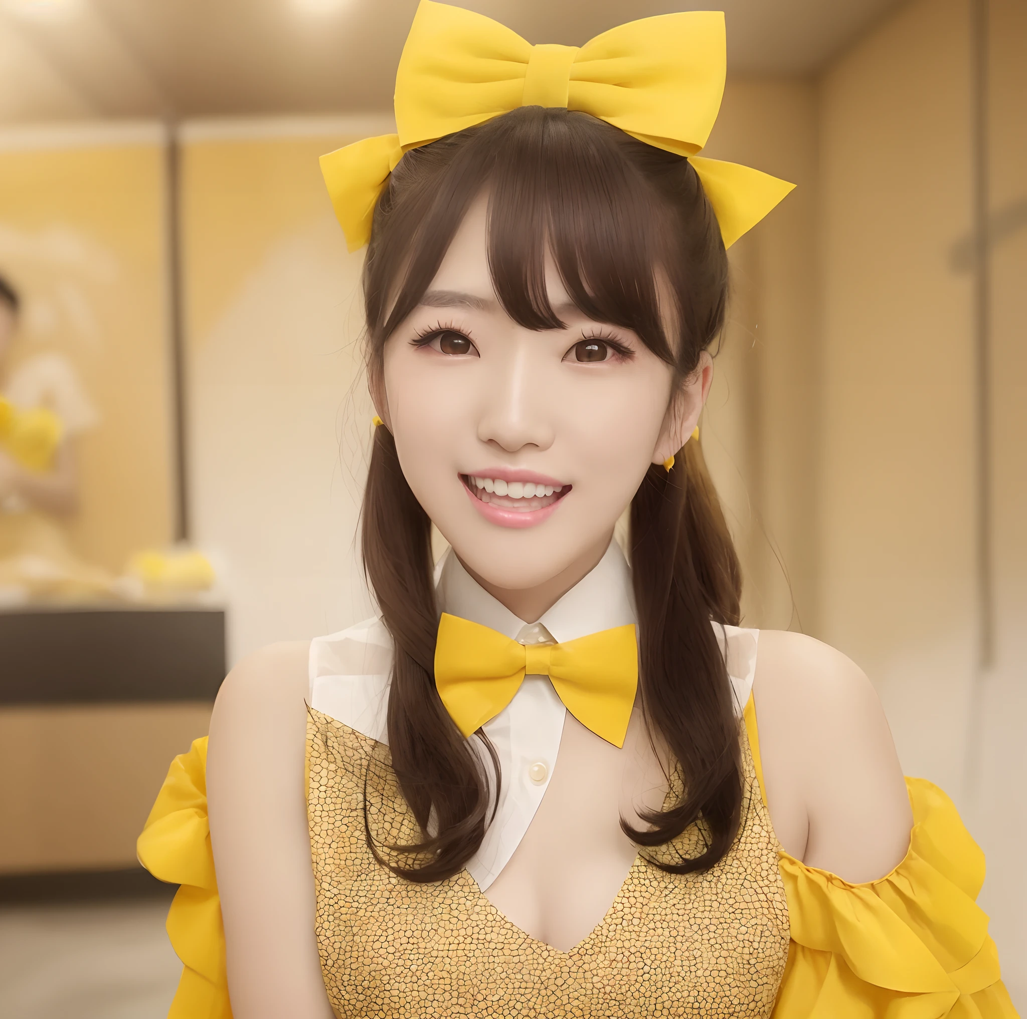 there is a woman wearing a yellow and black dress and a bow tie, sun yunjoo, yukii morita, fanart, korean idol, inspired by Kim Jeong-hui, jia, sha xi, jaeyeon nam, ruan cute vtuber, sakimimichan, 🐝👗👾, wan adorable korean face, lalisa manobal, rin