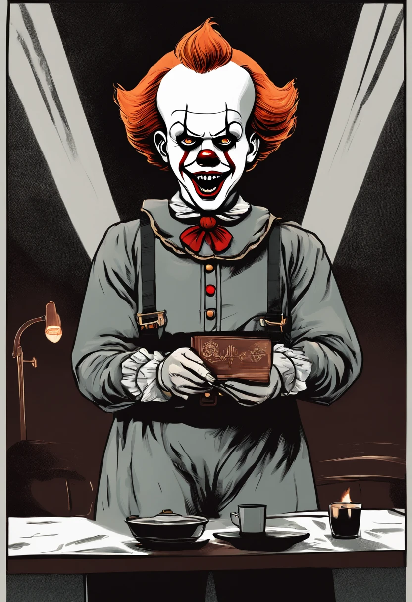 Adult robot man as pennywise, efeito vhs, (poster: 1.6), poster on the wall, terror, horror movie poster, horror, assustador, detalhes escuros, hiperdetalhado, blood tracing, Subsurface dispersion, heavy lighting for the dark, raso profundidade de campo, jorrando sangue, noite, trevas, darkeness, assassino, risada, dentes longos, big hand, jogando dado, rpg, rpg de mesa, jogando dados na mesa, mesa com dados, livro, dados sendo jogados, D20, dado de 20 lados, jovens assustados no fundo, medo, jovens com medo, narrando jogo, narrando rpg, jogando dados de rpg, mestrando rpg, rpg de mesa, jovens com medo, jovens escutando com medo, pennywise rindo, dados de 6 lados, jovens com dados