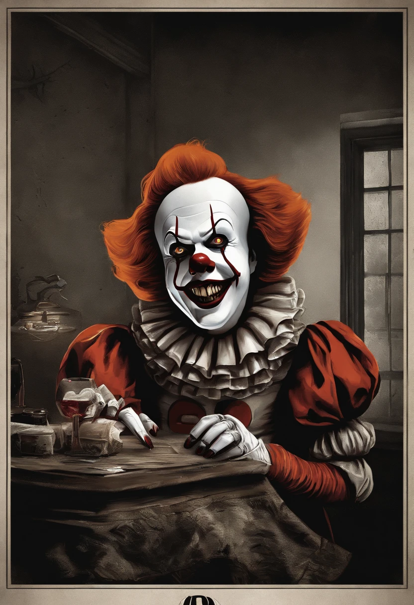 Adult robot man as pennywise, efeito vhs, (poster: 1.6), poster on the wall, terror, horror movie poster, horror, assustador, detalhes escuros, hiperdetalhado, blood tracing, Subsurface dispersion, heavy lighting for the dark, raso profundidade de campo, jorrando sangue, noite, trevas, darkeness, assassino, risada, dentes longos, big hand, jogando dado, rpg, rpg de mesa, jogando dados na mesa, mesa com dados, livro, dados sendo jogados, D20, dado de 20 lados, jovens assustados no fundo, medo, jovens com medo, narrando jogo, narrando rpg, jogando dados de rpg, mestrando rpg, rpg de mesa, jovens com medo, jovens escutando com medo, pennywise rindo, dados de 6 lados, jovens com dados