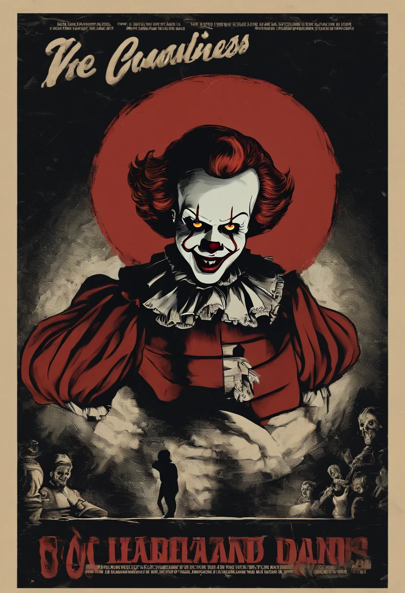 Adult robot man as pennywise, efeito vhs, (poster: 1.6), poster on the wall, terror, horror movie poster, horror, assustador, detalhes escuros, hiperdetalhado, blood tracing, Subsurface dispersion, heavy lighting for the dark, raso profundidade de campo, jorrando sangue, noite, trevas, darkeness, assassino, risada, dentes longos, big hand, jogando dado, rpg, rpg de mesa, jogando dados na mesa, mesa com dados, livro, dados sendo jogados, D20, dado de 20 lados, jovens assustados no fundo, medo, jovens com medo, narrando jogo, narrando rpg, jogando dados de rpg, mestrando rpg, rpg de mesa, jovens com medo, jovens escutando com medo, pennywise rindo, dados de 6 lados, jovens com dados