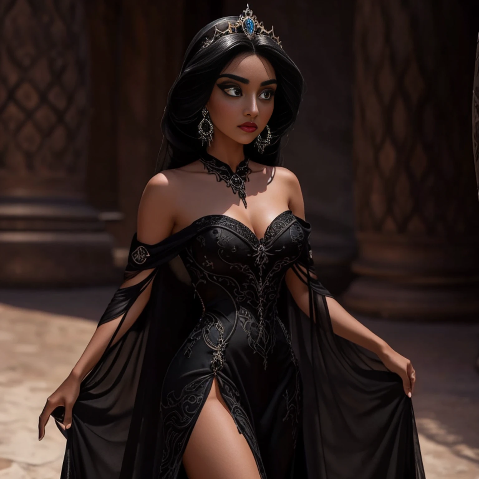 there is a woman in a black dress standing on a rock, Garota Anime usando um vestido preto, fantasy style clothing, vestido longo preto escuro, an elegant gothic princess, Xianxia de corpo inteiro, Sha Xi, uma mulher elegante no vestido preto, por Yang J, wearing a gothic dress, linda senhora, vestido preto escuro, flowing black gown, usando roupas formais de fantasia