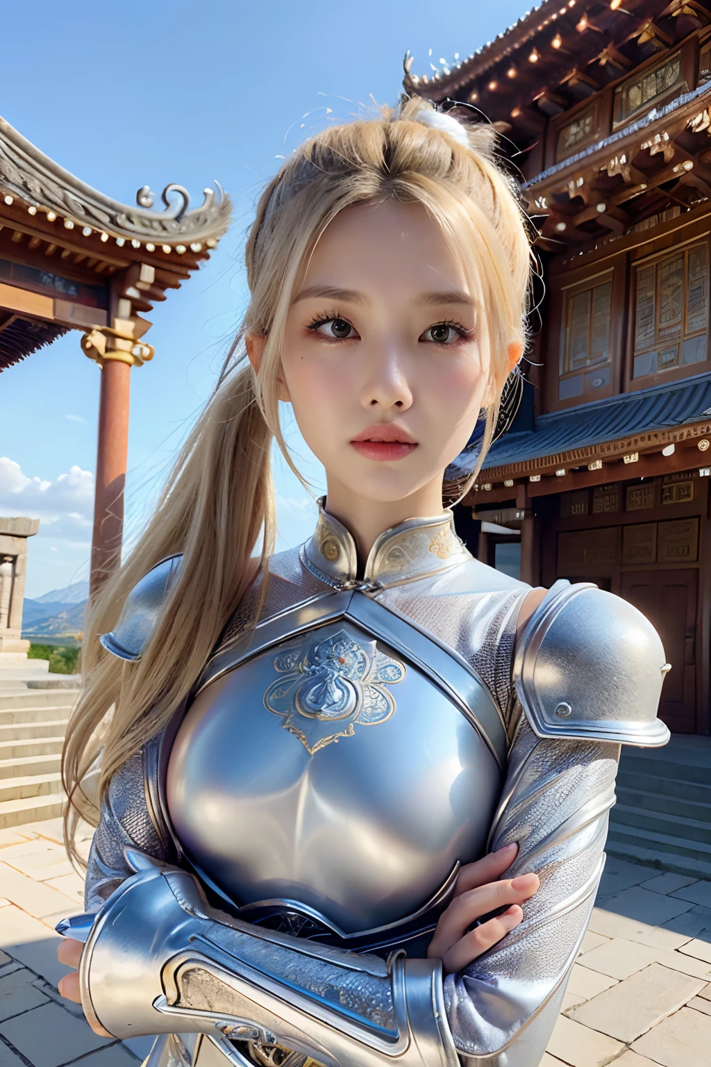 (8K, best quality:1.2), (masterpiece:1.37), (photo, photorealistic:1.37), (ultrahigh-res), half body, walking pose, shot from front, slow motion, female paladin wearing the full body, (light silver armour:1.2),(ornately decorated armor), (insanely detailed, bloom:1.5), (highest quality, Alessandro Casagrande, Greg Rutkowski, Sally Mann, concept art, 4k), (analog:1.2), (high sharpness), (detailed pupils:1.1), detailed face and eyes, Masterpiece, best quality, (highly detailed photo:1.1), (long blonde Hair, ponytail,ecstatic:1.1), (young woman:1.1), sharp, (perfect body:1.1), realistic, real shadow, 3d, (temple background:1.2), arms crossed over the chest 
photographed by Canan EOS R6, 135mm, 1/1250s, f/2.8, ISO 400