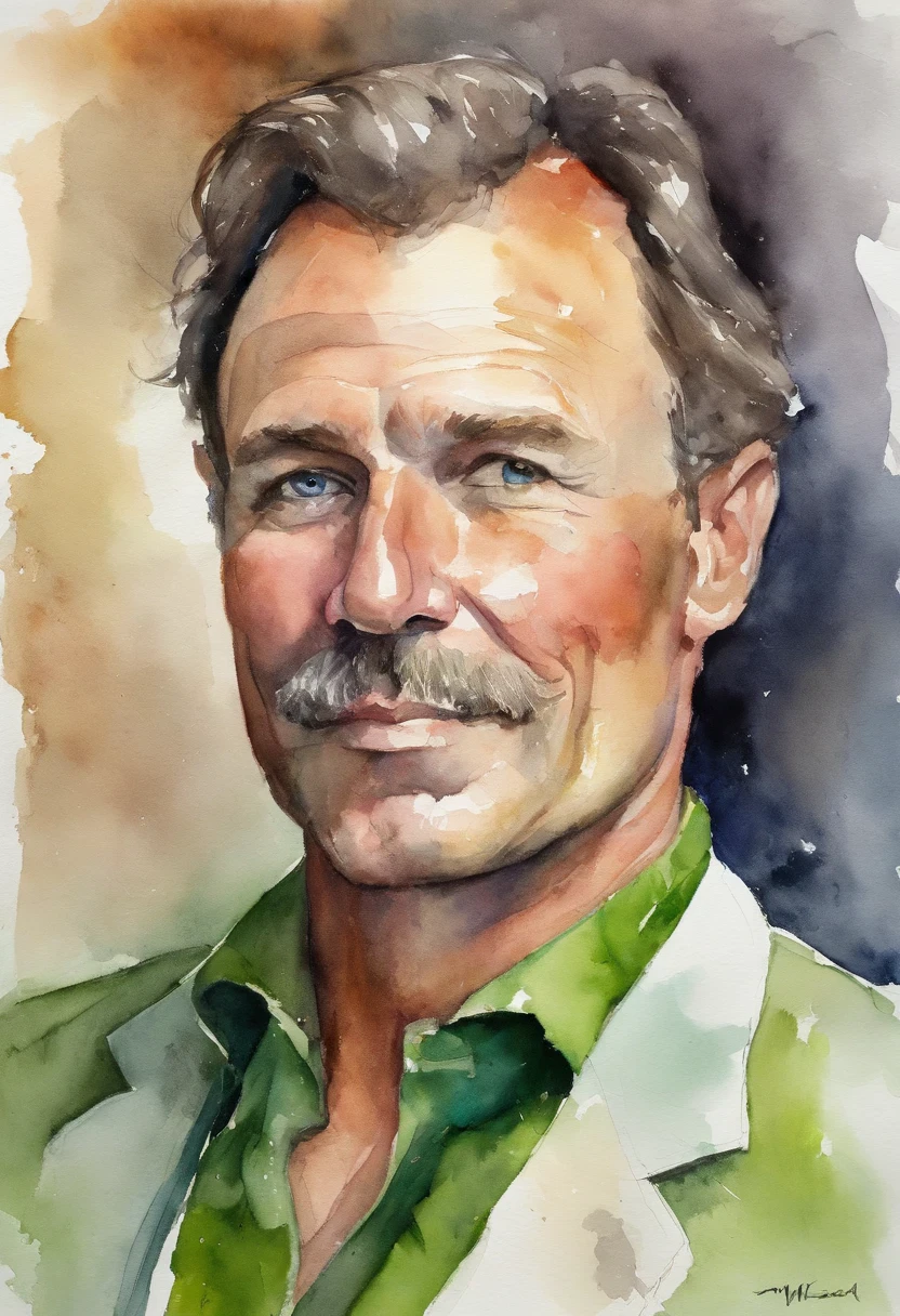 Middle-age male, messy mullet, mutton chops, nose is red and bulbous, broad torso, strong arms, long thin legs, green suede blazer, light brown trousers, white shirt, rainbow necktie, (masterpiece), best quality, expressive eyes, stressedface