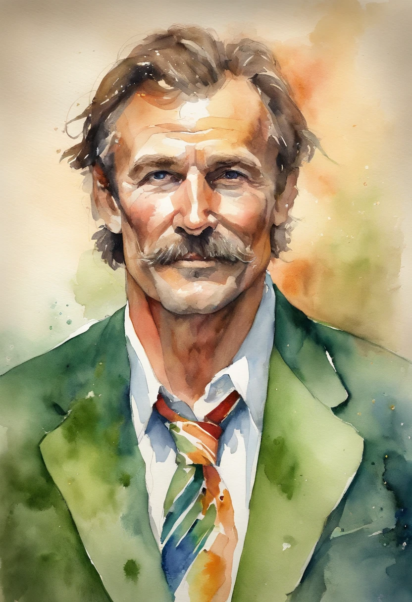 Middle-age male, messy mullet, mutton chops, nose is red and bulbous, broad torso, strong arms, long thin legs, green suede blazer, light brown trousers, white shirt, rainbow necktie, (masterpiece), best quality, expressive eyes, stressedface