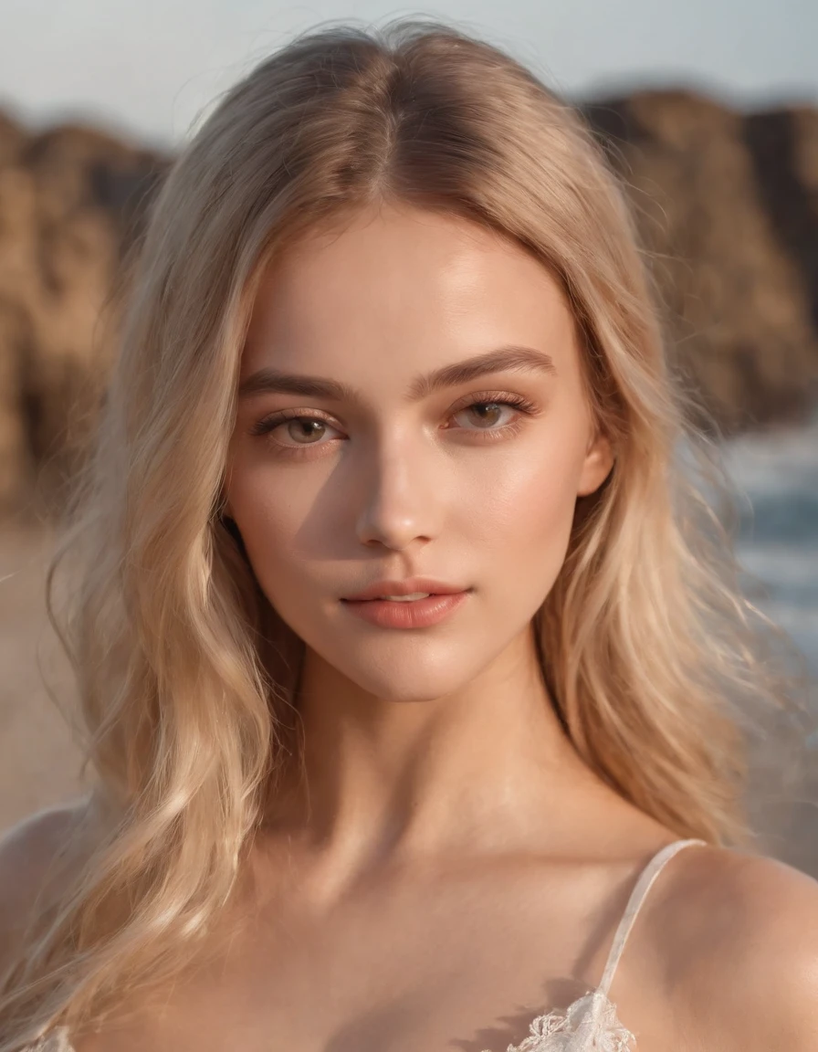 RAW, analog, Nikon Z 85mm,((best quality)), ((masterpiece)), ((realistic)),far fromthe camera image, gorgeous russian woman, blond, 18 year old, posing in a beach, wearing lingerie petite, smile with teeth showing, ((small breasts)),Sunset, contour light, intricate details, highly detailed, sharp focus, professional, 4k, god rays, hand model, stunning brown eyes, petite,strong chin big ramus dnot defined jawline huge strong cheekbones highset cheekbones big eyes. great face projection highres, detailed facial features, high detail, sharp focus, smooth, extremely detailed, photo_\(ultra\), photorealistic, realistic, post-processing, max detail, roughness, real life, ultra realistic, photorealism, 8k uhd, SEMI-SILHOUETTE light, slavic face, long blon hair, beautiful hair, real face