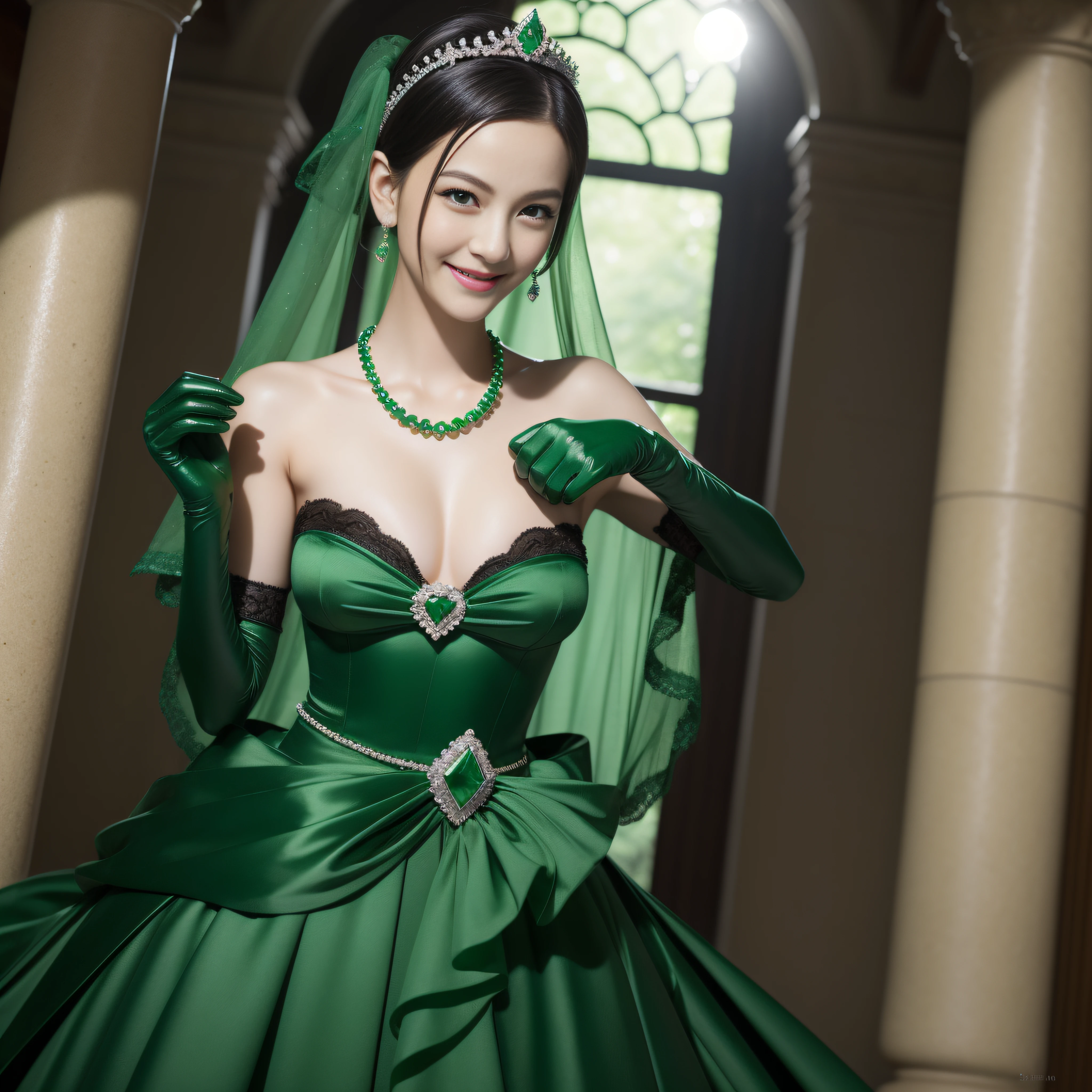 emerald tiara, Green Pearl Necklace, Boyish very short black hair, lipsticks, Japan woman smiling, Long green gloves made of satin material, very short short hair, Guts Pose, Green eyes, big breasts beautiful