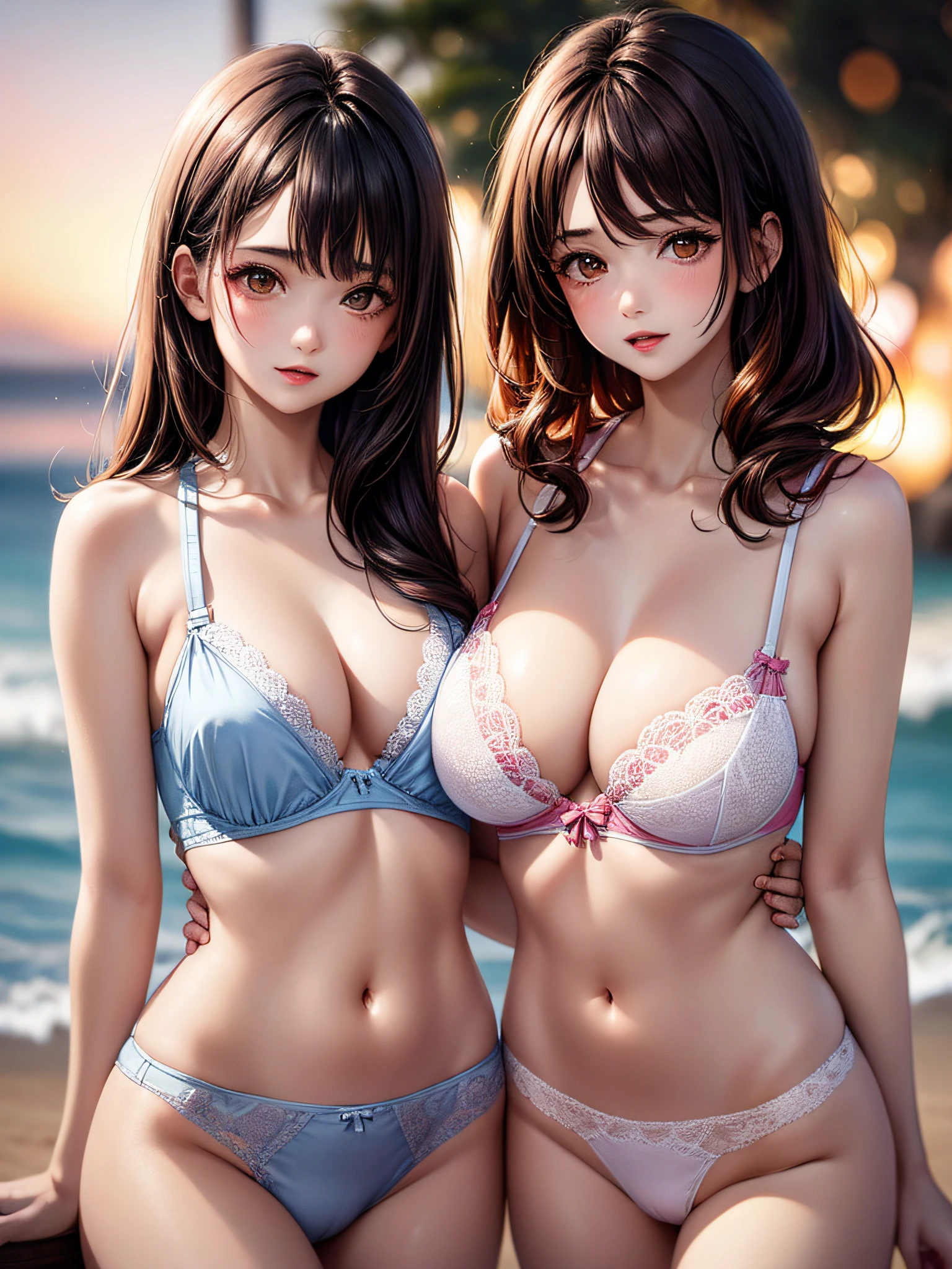 ((2young girls)), (best quality), (ultra-detailed), illustration, (detailed light), (an extremely delicate and beautiful), brown hair, brown eyes, model, (Beautiful big breasts), (no bra, no panties), bare shoulders, Cameltoe, best quality, extremely detailed CG unified 8k wallpaper, High-definition raw color photos, professional photography, (((Bokeh))), depth of fields, beach, twilight, sunset,