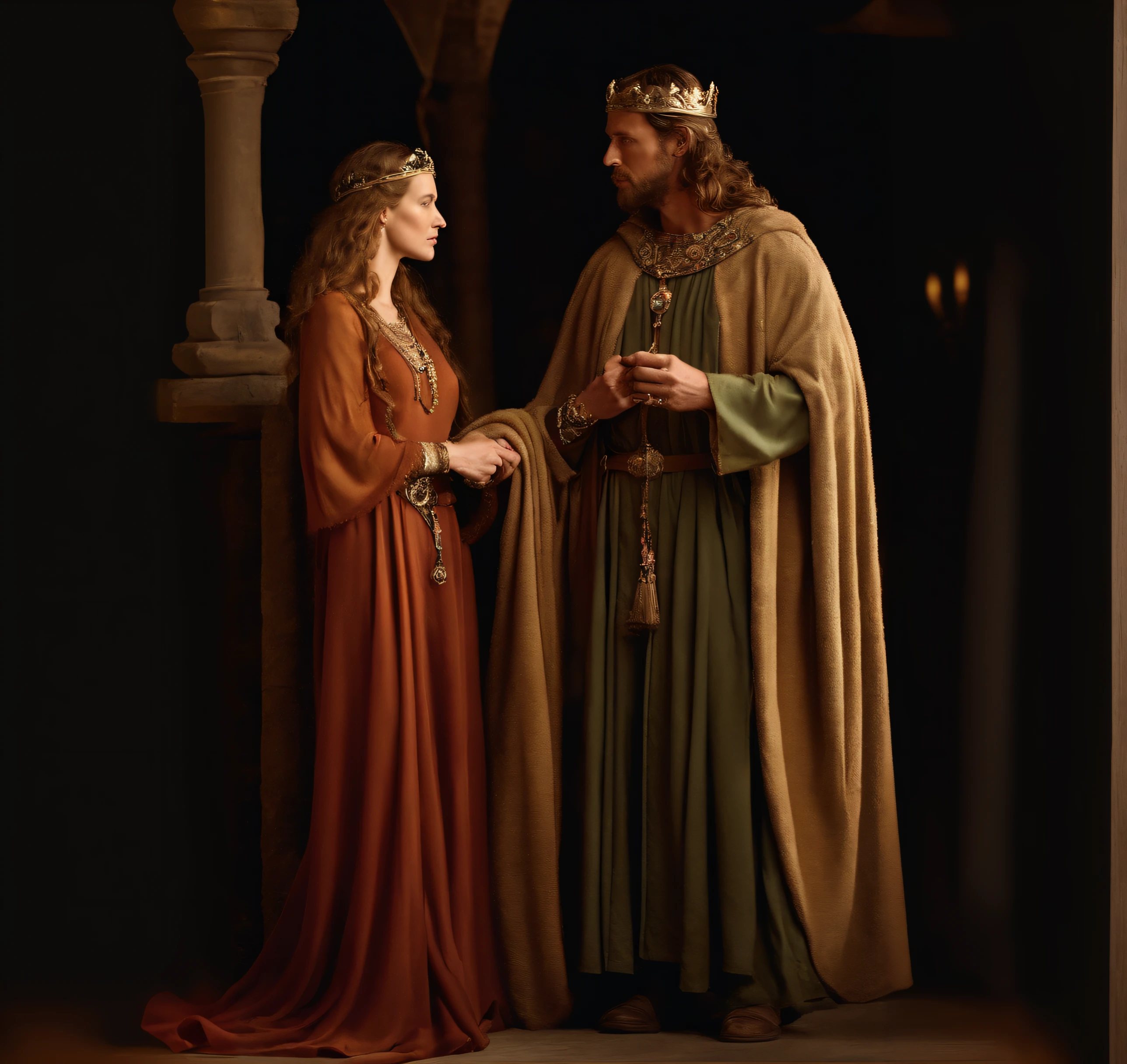 "Aethelwulf, king of Wessex, and his wife Judith of Flanders, in a court scene in A VIKING VILLAGE
"Judith of Flanders, with a serene and dignified expression, holding a rich silk robe and jewels in her hand.