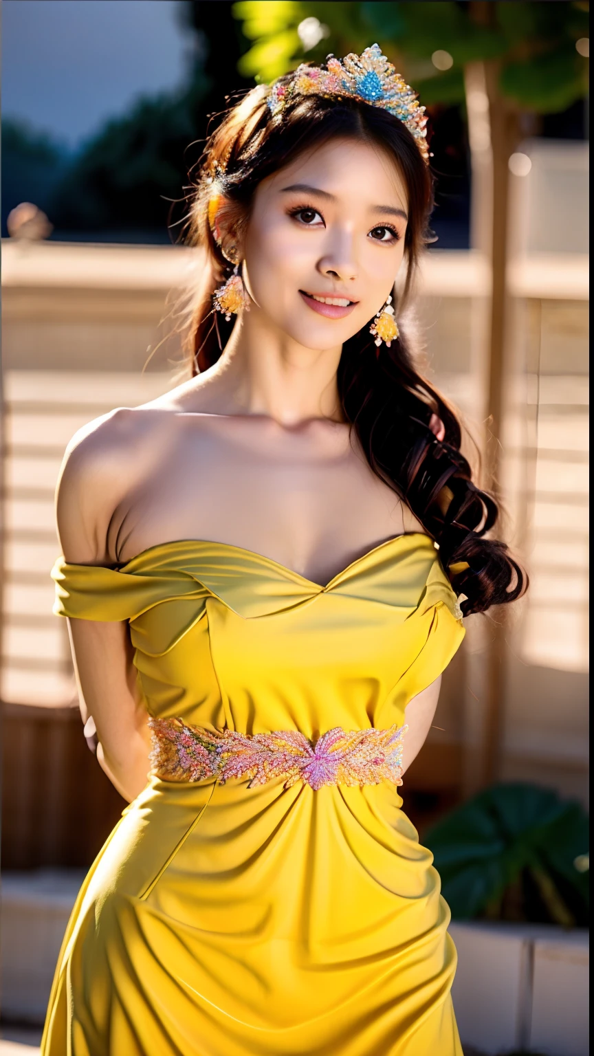 a beautiful girl in yellow dress, wavy black hair, lovely lips, realistic, attrctice skin,