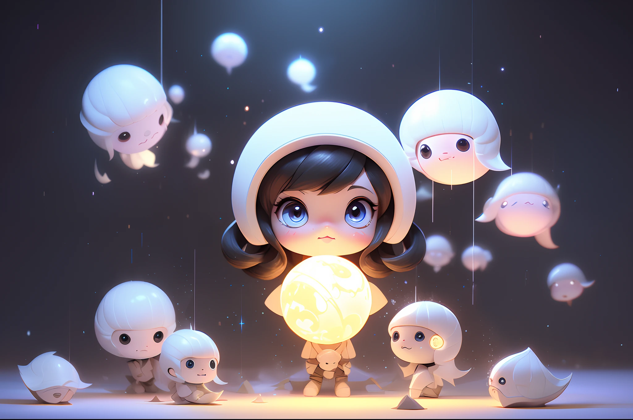 fully body photo,beautiful female alien,The body is transparent,Small and cute,Wearing a black and white mech ,Big cute eyes,dreamy glow,White background,globalillumination,Ray traching,hdr,The rendering is not realistic,reasonable design,high detal,tmasterpiece,Best quality at best,hyper HD,cinmatic lighting),Translucent ethereal aliens