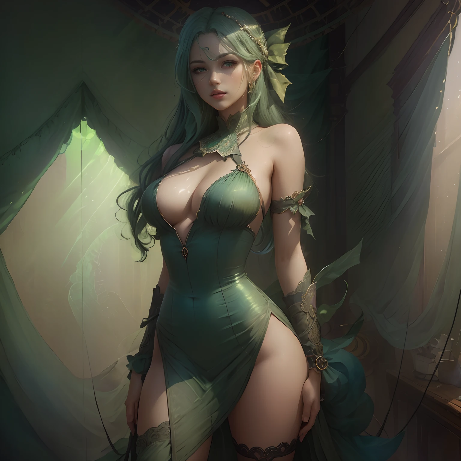 1girl in,((Green dress)),  --Quality 9--HD -- Test bandana, long shiny green hair, Gorgeous Model Girl, Glossy and intricate design, Digital Art, Illustration, Concept art, Smooth, Studio Lighting, Smooth, Tate Kubin, peter mohrbacher, akihiko yoshida