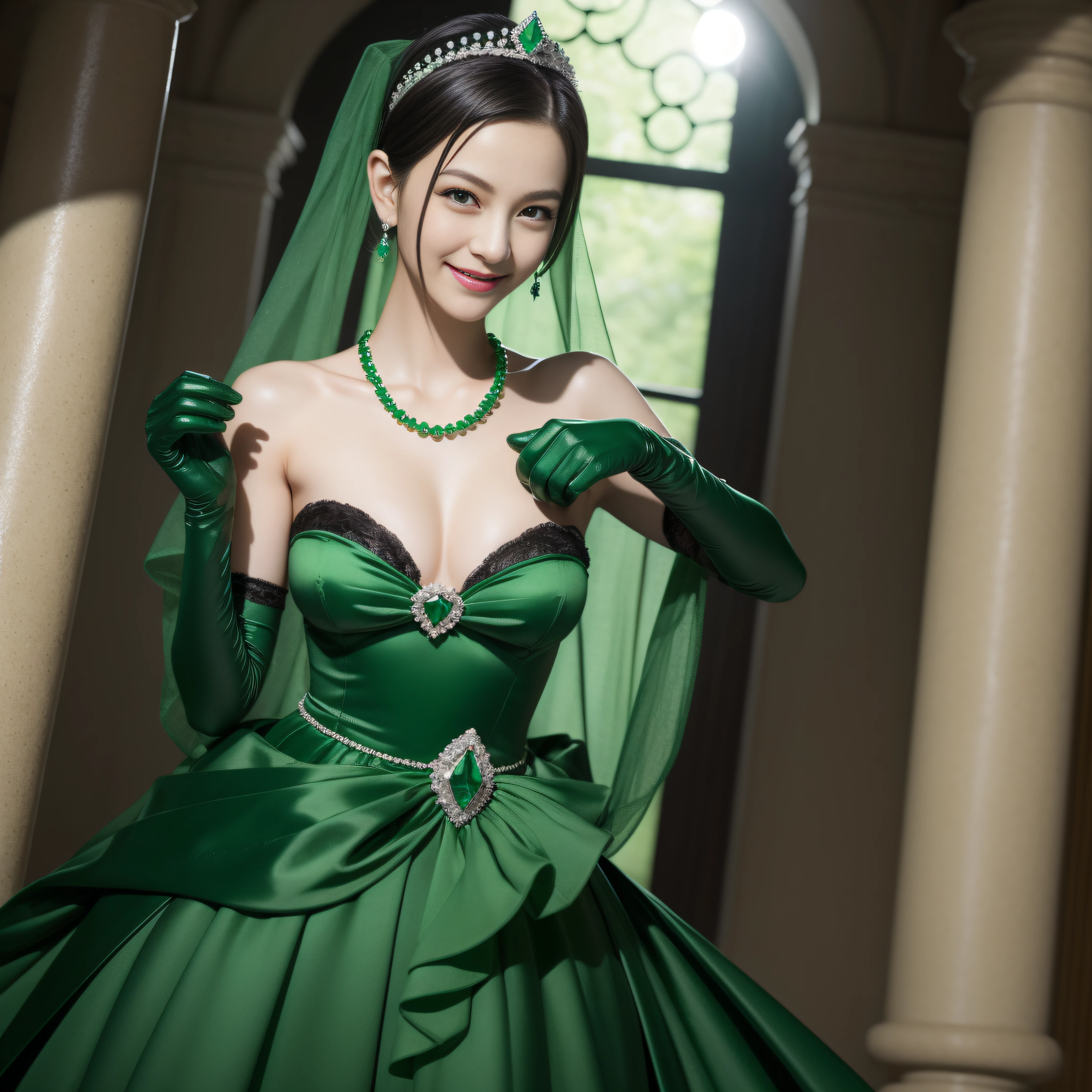 emerald tiara, Green Pearl Necklace, Boyish very short black hair, lipsticks, Japan woman smiling, Long green gloves made of satin material, very short short hair, Guts Pose, Green eyes, big breasts beautiful