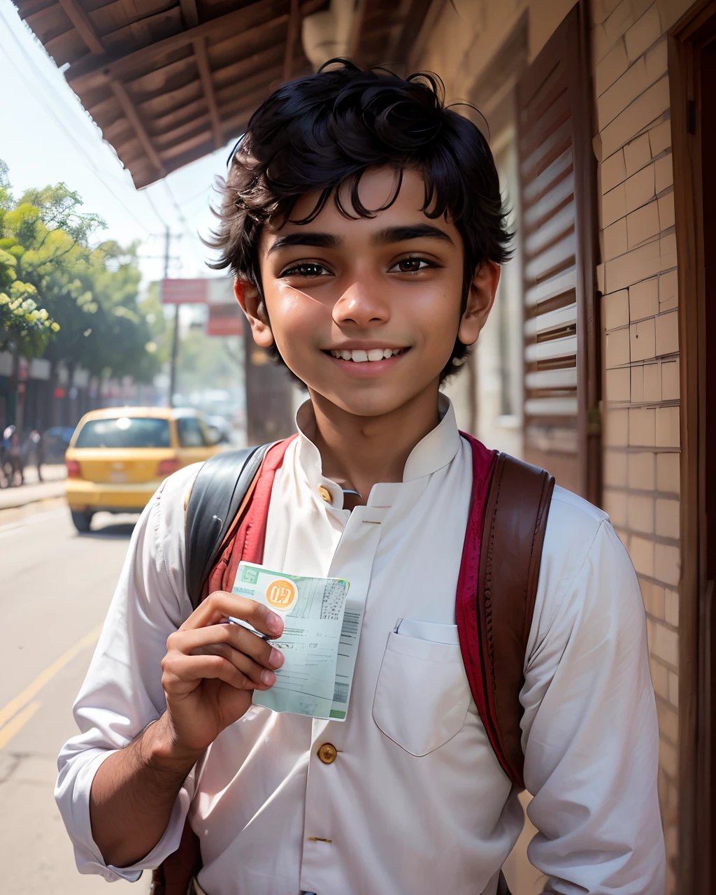 A photographic smiling Indian boy with a ticket in his hand shooted in dslr
