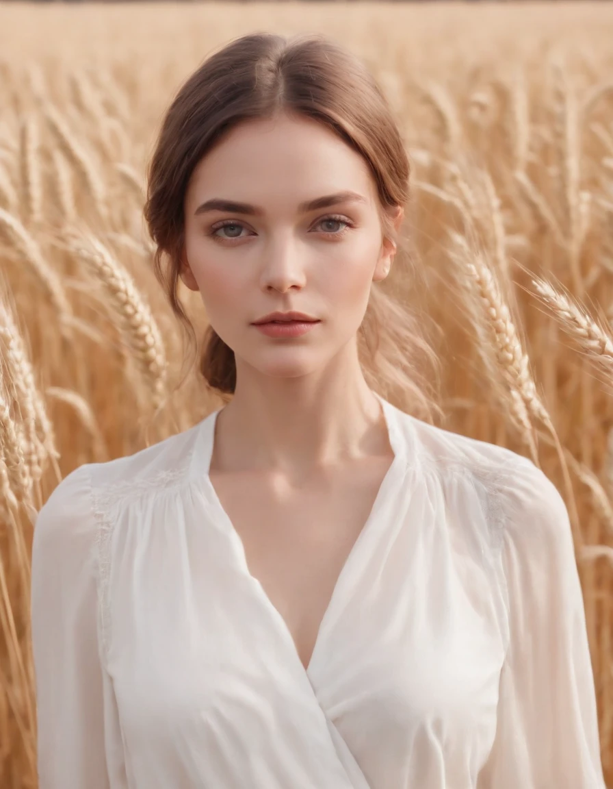 a woman in a white blouse and pants standing in a wheat field, in the style of gossamer fabrics, asymmetrical balance, y2k aesthetic, luminous hues, flowing fabrics, anja millen, kitsch and camp charm, upper body