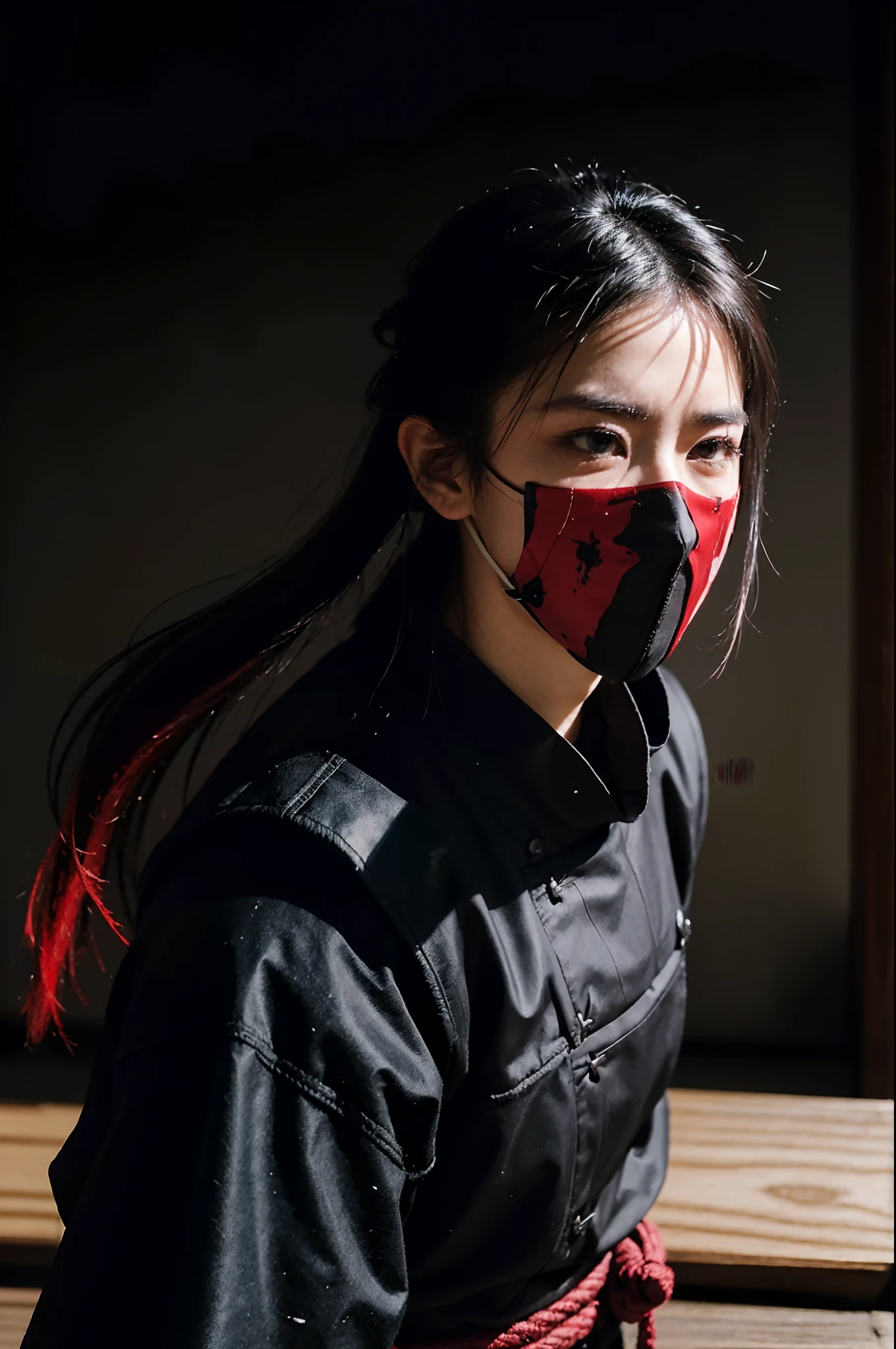 samurai, cyberpunk theme, two-tone, black hair, side view, from side, monochrome, red theme, white theme, shadowed face, shiny eye, red eyes, smoke, masked, hidden face, samurai armor, cowboy shot, red katana, red blood stain, standing, red background, painting