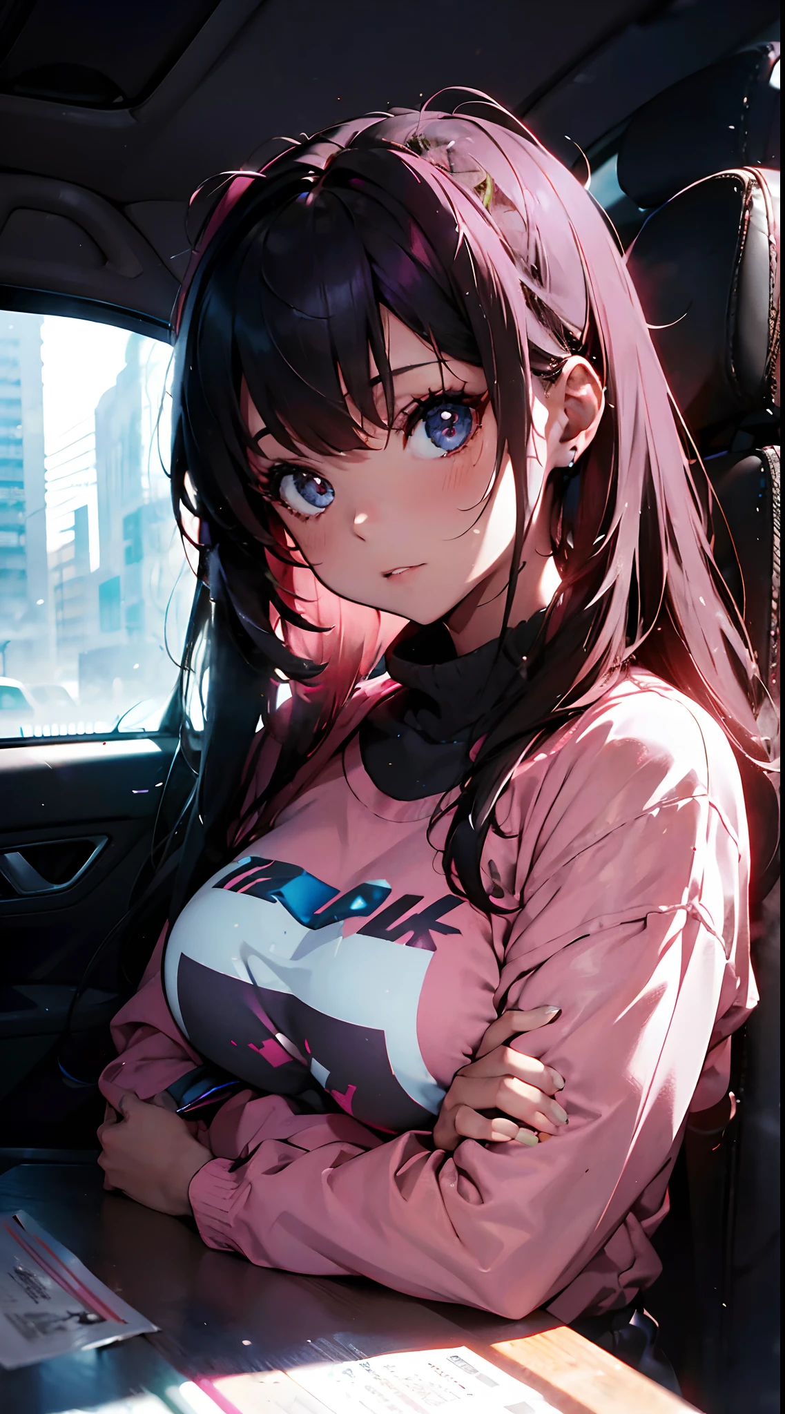 High angle photo of gorgeous young woman in cyberpunk style, Realistic skin texture, head looking up,Pink sweatshirt,Pose in the car, 1 / 2 Body cropping, 8 5mm art lens, f 1. 2, Sharp focus, 8 k high definition, insanely details, Intricate, elegant, Artwork by Stanley Lau and cyberpunk