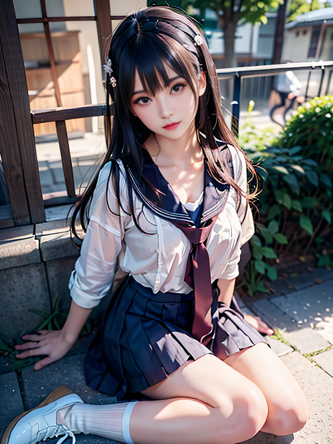 highest quality, Ultra-high resolution, Highly detailed skin, Physically Based Rendering,Down blouse,((from below))) ,(((The young face of a ,Japanese high school girl、Place both hands on the ground、Leaning forward,naked,No bra)))(((panty shot.showing panties,squatting,open legs wide)))Small breasts, I can see the nipples too, from the front,))),(Japanese school girl uniform),(Beautiful background:1.2), (Cleavage), (Show me her white panties)Long black hair, open chest shirt