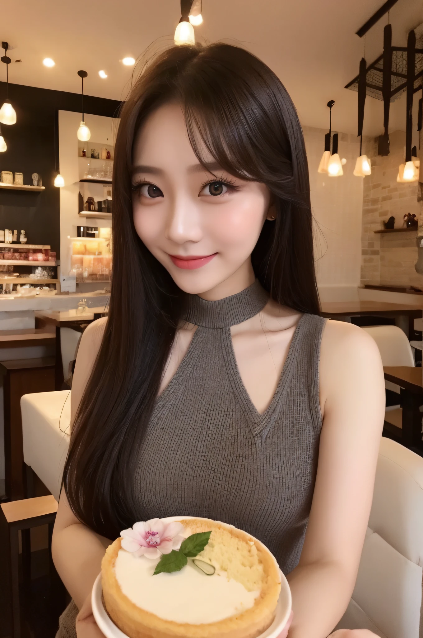 1 Malaysia Chinese girl, Light make up, pretty, 23years old, beautiful eyes, nature, fashion, in cafe selfie with cake 2pm, smile, shot hair, beautiful hands