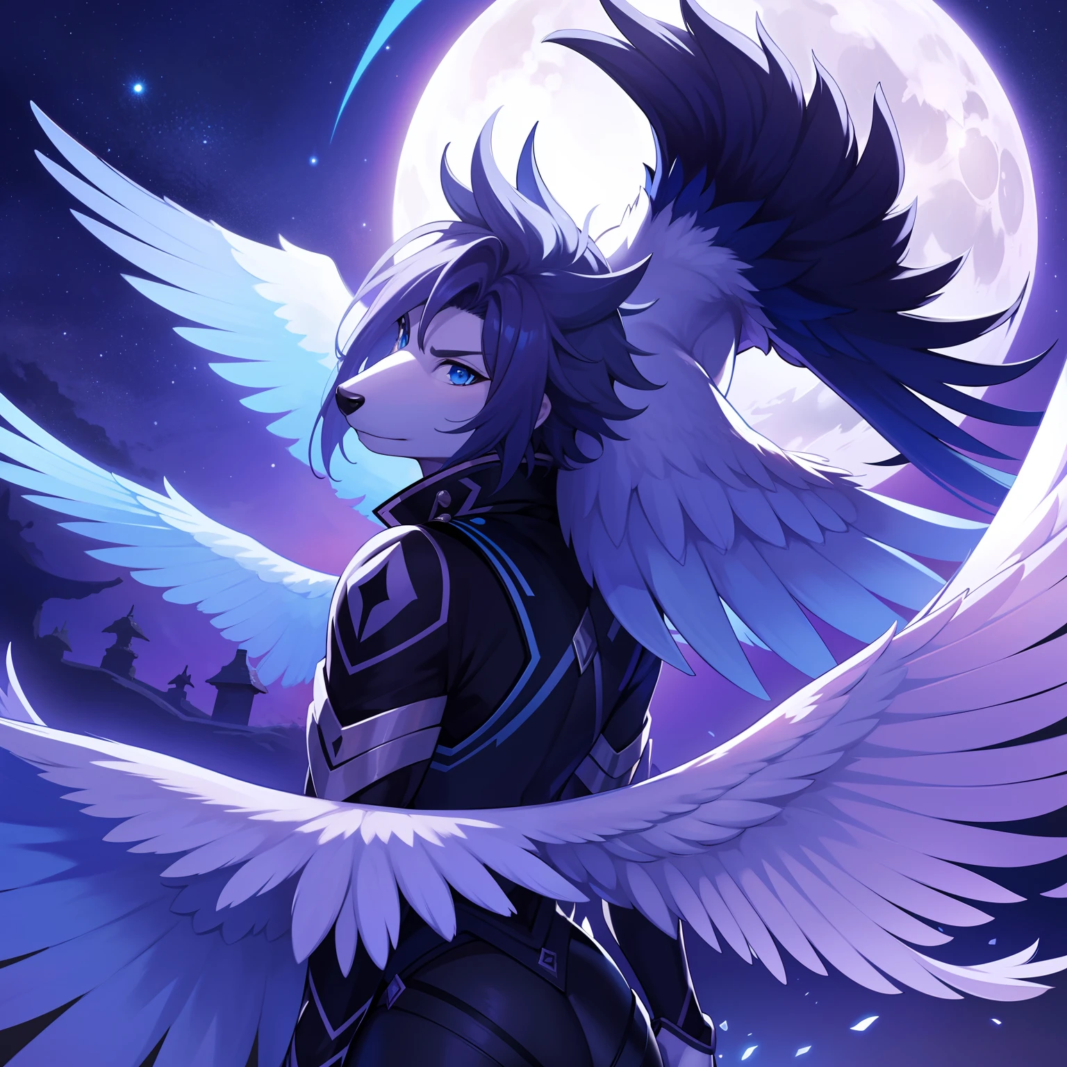 （tmasterpiece）（Best Picture Quality）Moon Night，Back Shadow，Turn Back，Clear the face，blue color eyes，hawk，young  male，Animal，army suit，Moon background，Fill light，furry