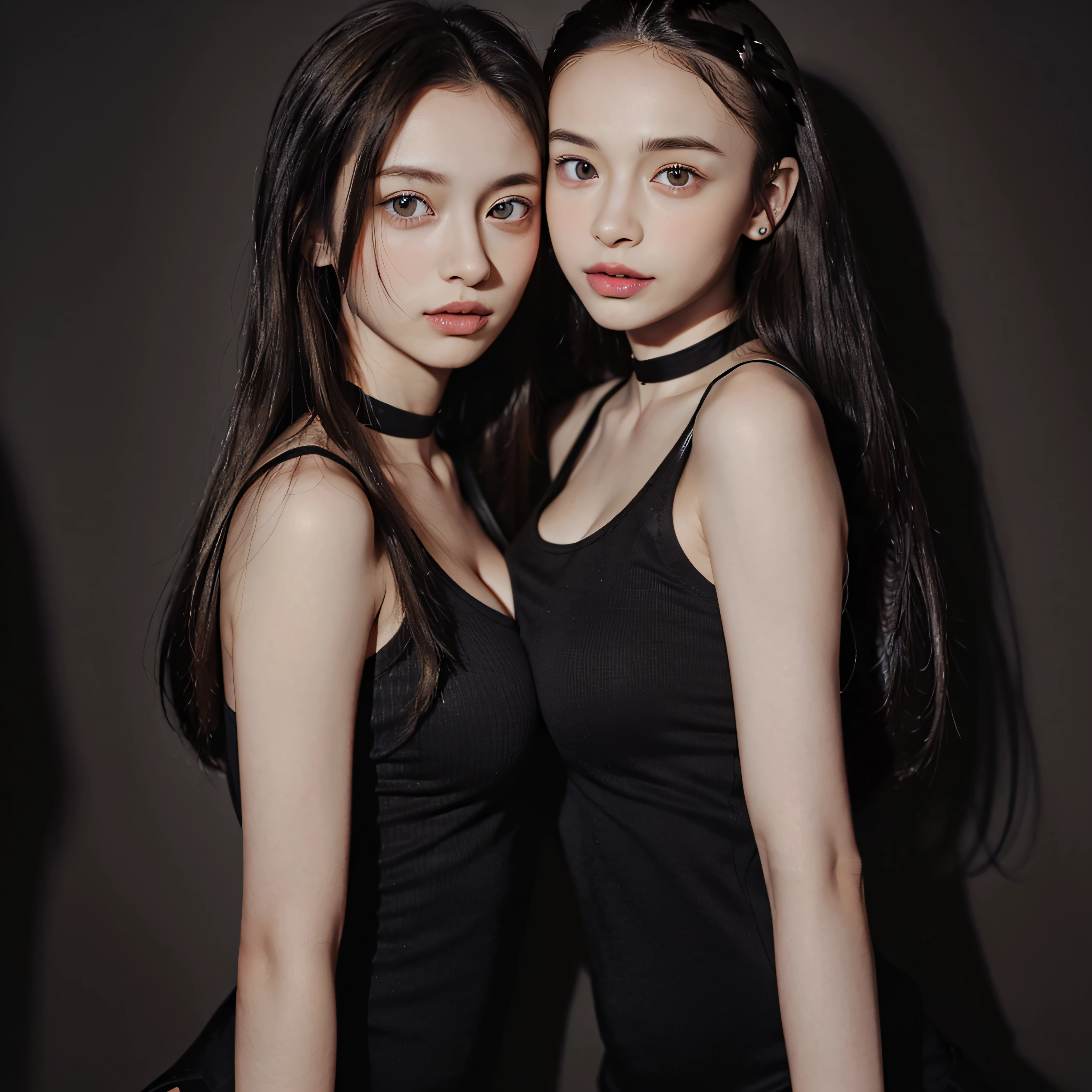 (Medium straight hair, brown:2), (masterpiece, best qualtiy, Light photo, Photorealsitic:1.5), BREAK (2 girls in, Beautuful Women, Japan with white, clean skin and good style, 20yr old:1.7), BREAK (Stunning innocent symmetrical face, Beautiful fece, light skinned:1.7) BREAK (Beautiful eye details, Beautiful noseline, Details of a beautiful little nose, Beautiful thin lips Description, Fair skin:1.5) BREAK (long-slitted eyes, Drooping eyes:1.4) BREAK (light gray, Tight Tank Top Knitted Dress:2), (Black choker:1.5), (Looking at the camera, Focused, Becoming faint of heart, flushed:1.6), (Forced laughter and blushing:1.5), (Large breasts, neat shape breasts:2.5), (slender:2), (Thin body, thin waist, Thin under the chest,Thin arms, thin neck, thin legs, thin shoulders, sloped shoulder:2), BREAK (In the deep forest, Pitch black night:2), (Pitch Black Sky, Gray fog, Covered in the black shadows of the deep forest:2), (Midnight, It's nighttime, so it's very dark around, Flat lighting with very weak light:2), BREAK (9 head body, Beautiful Large Breasts, Beauty Slender Body Line:2),