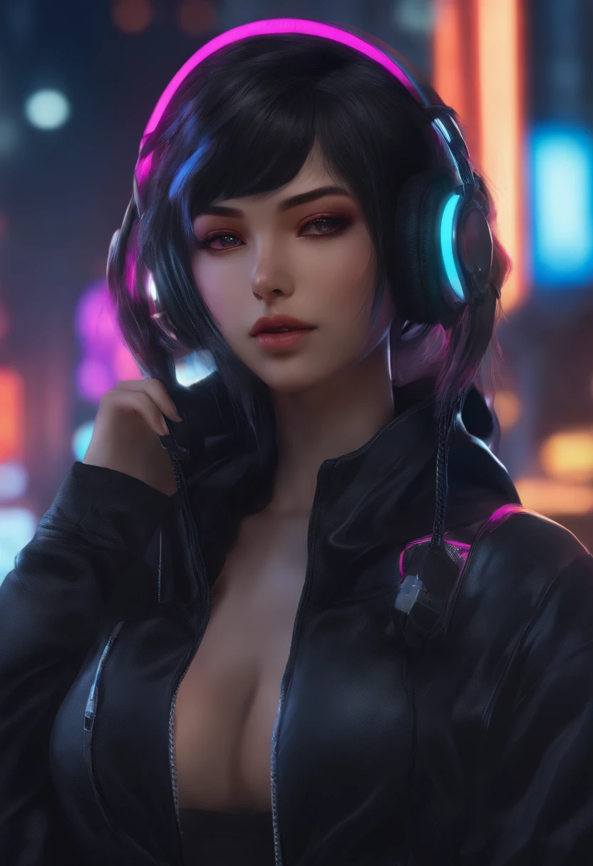 A close-up of a person in a costume wearing headphones, cyberpunk anime girl, female cyberpunk anime girl, anime moe art style, cyberpunk anime girl in hoodie, jet black haired cyberpunk girl, neon noir, style of anime4 K, Digital cyberpunk anime art, Best anime 4k konachan wallpaper, cyberpunk anime girl mech, an oppai cyberpunk, anime cyberpunk art