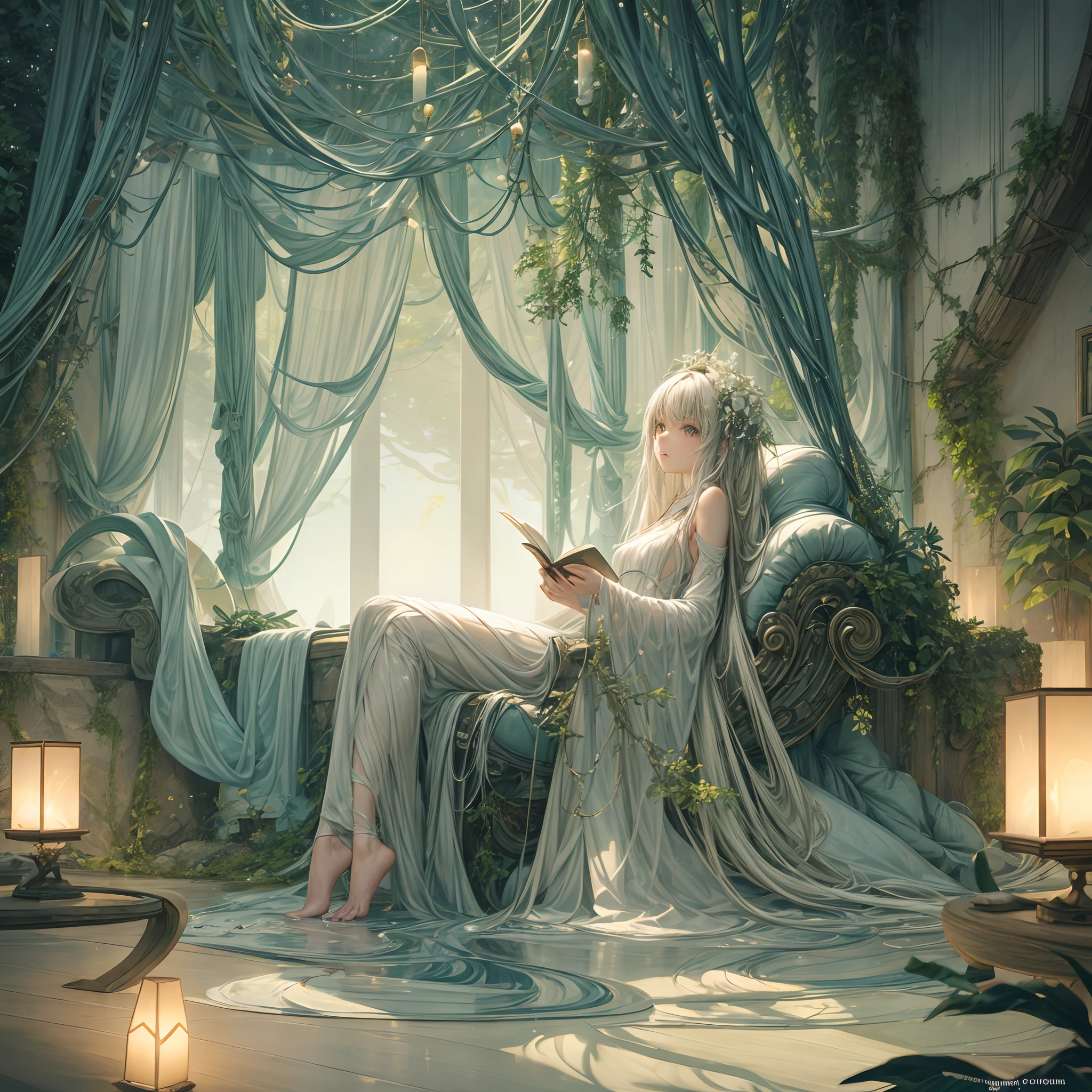 ((1girl in)), profile, "Create striking and imaginative scenes featuring young girls in futuristic biomorphic living room. The living room needs organic, Otherworldly Design, with furniture and elements resembling natural shapes,,,,,,, Chair like a plant, etc., Biomorphic table, Eta、It seems to flow like water、or walls resembling bark,,,,,.
The girl must be the central focus of the image, Eta、She should look relaxed and relieved, As if she were in her own comfortable sanctuary. She、You can sit or lie down on one of our biomorphic furniture, Reading a book, Or、Engage in creative or leisure activities.
The lighting in the room should be soft and calm, The warm, Ethereal glow that enhances the feeling of tranquility and comfort. The bioluminescence accent of the room is、Can provide gentle lighting.
The color palette is harmonious、Must be inspired by nature, A mix of earthy tones and soft pastel colors. Make sure the details of your biomorphic living room are complex and visually appealing, A seamless fusion of nature and technology. Overall, The image should evoke a sense of wonder and relaxation, As if the girl is in a space where there is a border between the natural world and artificial ambiguity."