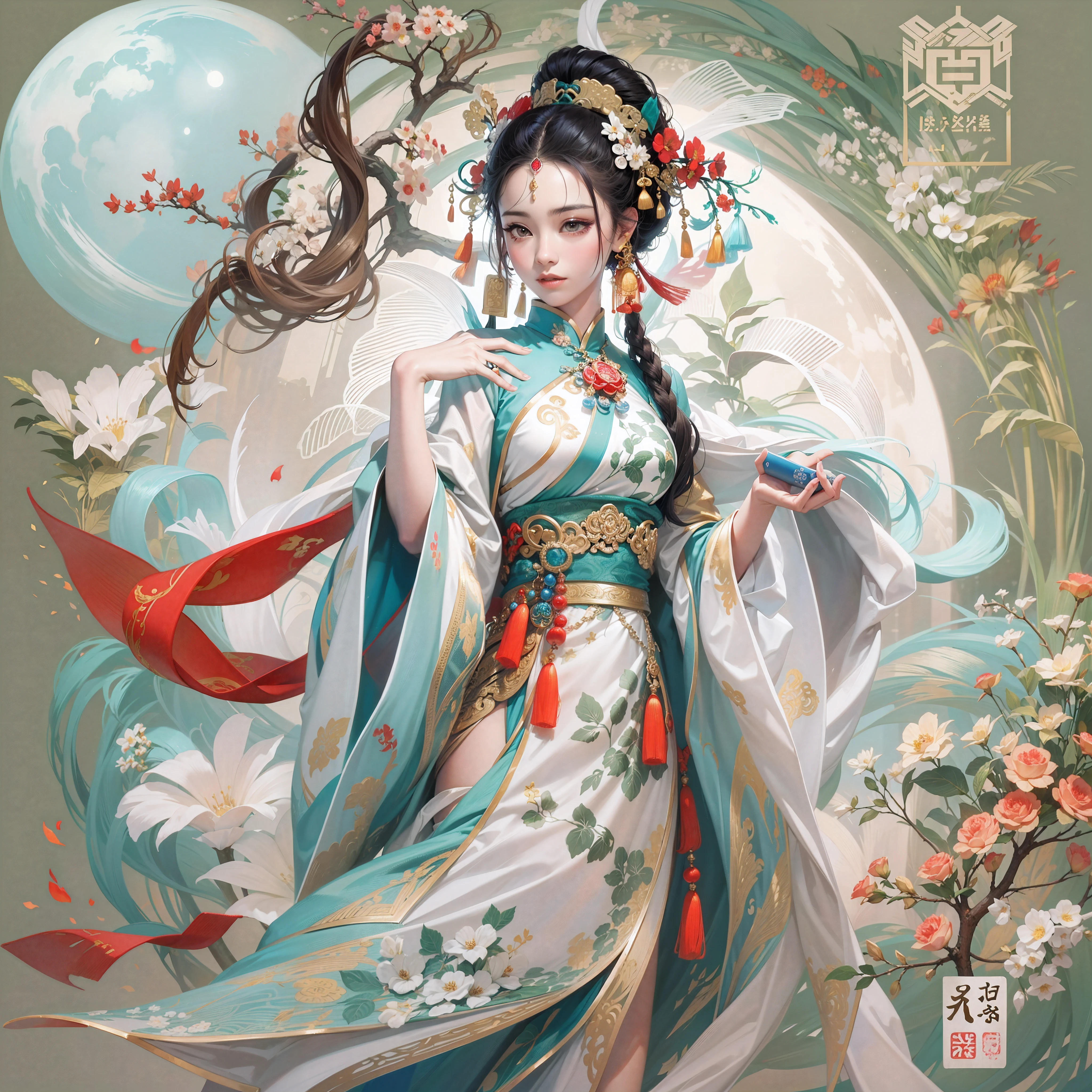 (China - chic Chang'e,anatomy correct,Oriental elements),(China - Fashion illustration:1.5,Vector painting:1.5),(Chinese colors,senior color matching,gradient backgrounds,white backgrounid),(The is very detailed,reasonable design,Clear lines,High- sharpness,best qualtiy,tmasterpiece,offcial art,movie light effect,4K)