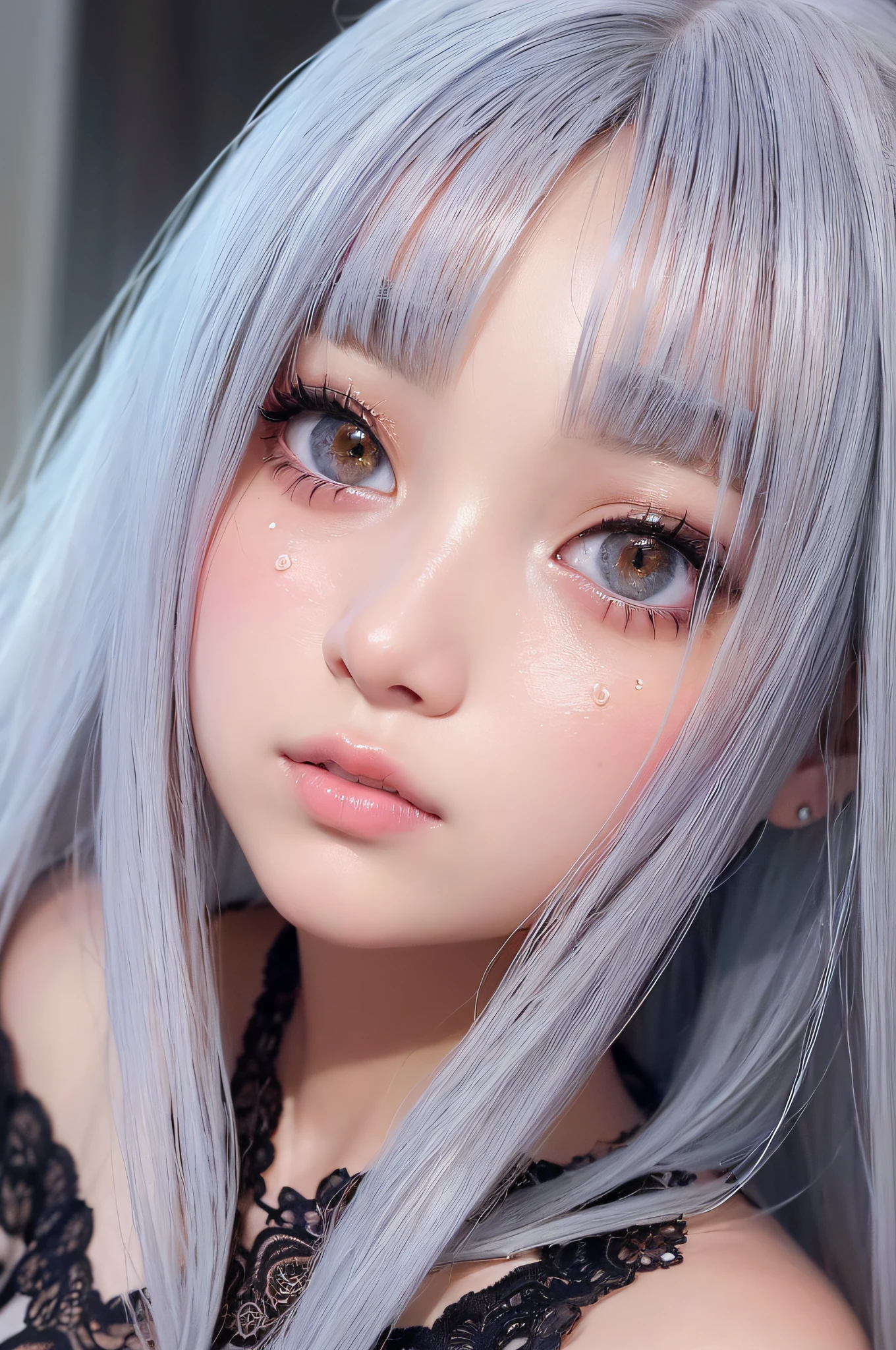 (((Masterpiece, top quality, ultra-detailed))), (((1 Infinity Mage Girl))), 14 years old, (((very detailed face))), small thin nose, small thin-lipped mouth, (((very true to life sharp focused eyes))), (((very large slit precision pale grey eyes, sparkling like jewels))), Very long eyelashes, ((Very thick fringes, long black hair in vertical curls))), ((Steampunk fashion, Gothic Lolita fashion)), ((Incredible quality photorealistic)), (((Very dramatic and dark lighting))), 