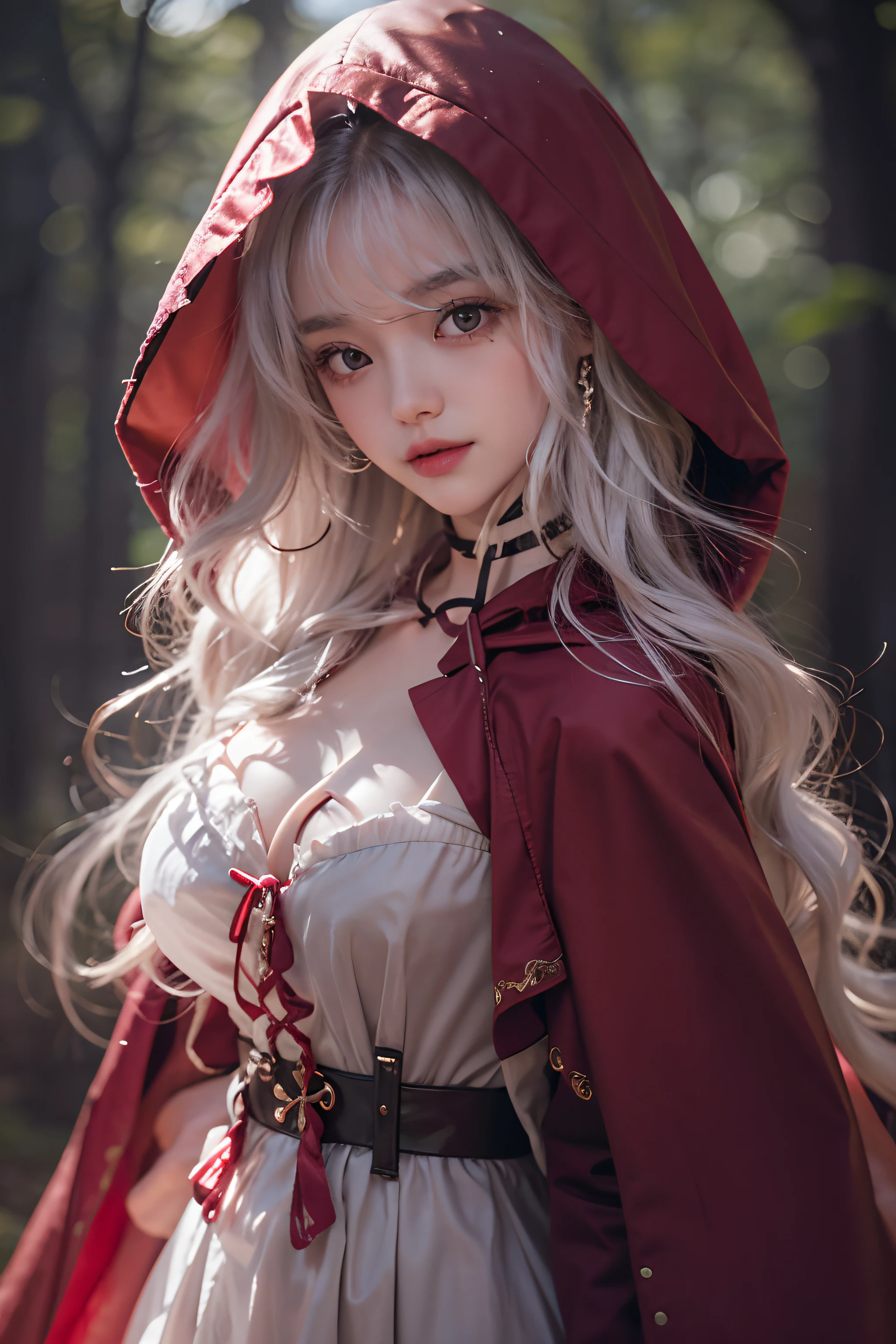 (Best Quality Detail)、realisitic、8K UHD、hight resolution、(red riding hood)、(1girl in)、((Anxious expression))、The ultra-detailliert、intricate detailes、High quality shadows、Detail Beautiful delicate face、Detail Beautiful delicate eyes、in her 20s、(The best smile)、Pretty Kpop Girl、(Korean Urzan Face)、(ulzzang -6500-v1.1:0.6)、pureerosface_v1、gloweyes、perfectbody、(Colossal tits)、 ((look at viewr))、Hasselblad, Carl zeiss, Incredible dynamic range photography(UTIL_Art by Smoose-768:1.1), (White hair color)、teak、Glossy lips、Natural color reproduction, ((strong lights))、((Hood cover))、(a choker)、((Brown eyes))、((Beautiful Finger))、(White hair), (Twin braids)、(Pattsun bangs)、(bangss)、 Shiny hair、Description beautiful delicate hair、(Lustrous skin)、((Hood cover))、、((Little Red Riding Hood))、(red cape)、(a red skirt)、(corsets)、(forest at night)、(Dark Night Road)、((the wind))、
