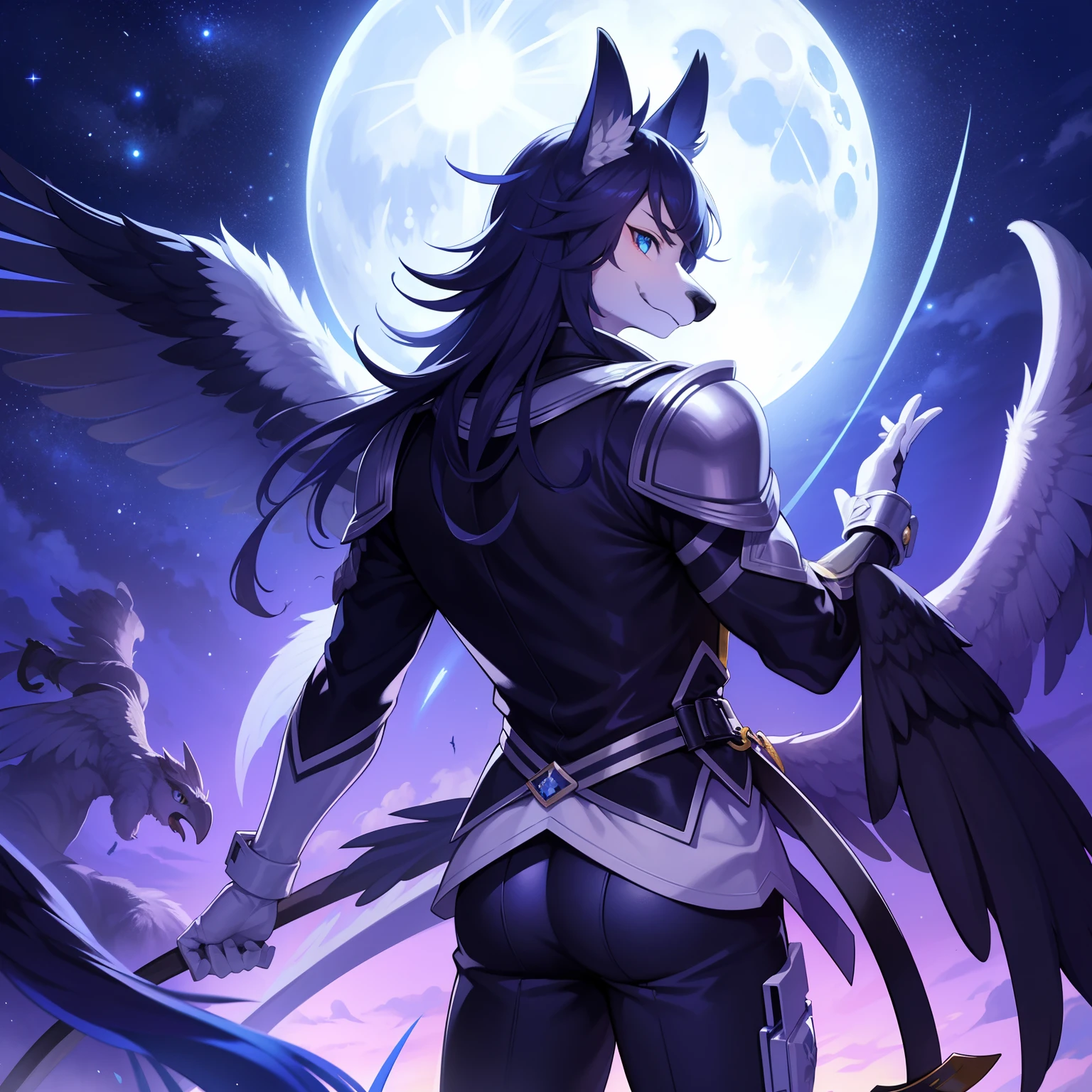 （tmasterpiece）（Best Picture Quality）Moon Night，Back Shadow，Turn Back，Clear the face，blue color eyes，hawk，young  male，Animal，army suit，Moon background，Fill light，furry