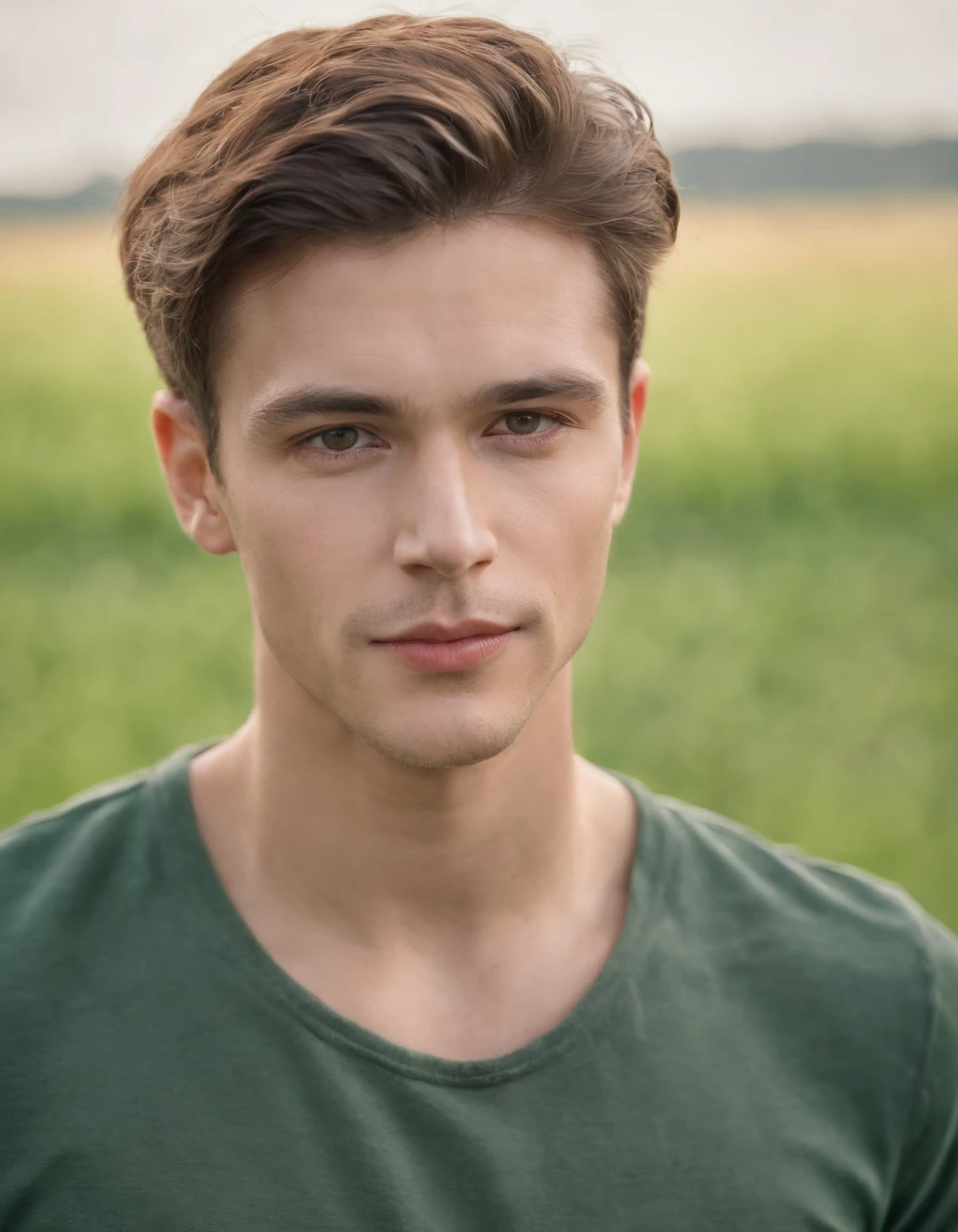 portrait of young and beautiful men,22years, fanatical face, in green field on sharp focus background, Studio Photography, intricate details,highly detailed, Esmaltado,mysterious lighting, upper body