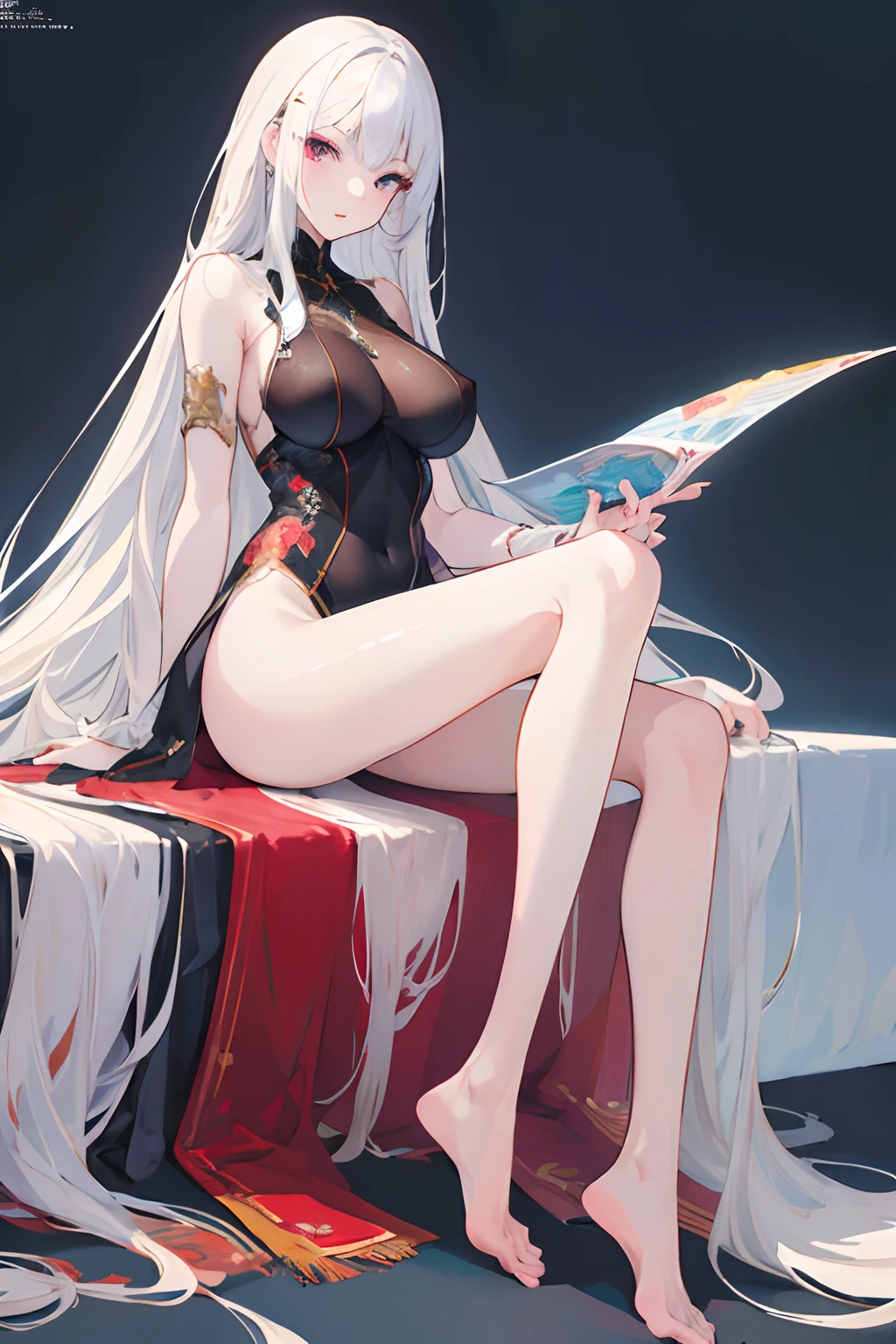 ((Masterpiece)), ((best quality)), ((illustration:1.3)),((high resolution)),((absurdres)),((ultra-detailed)),((super detailed skin)),((high resolution)),pale skin:1.3,asymmetrical bangs,very long hair, White hair,full body,milf,