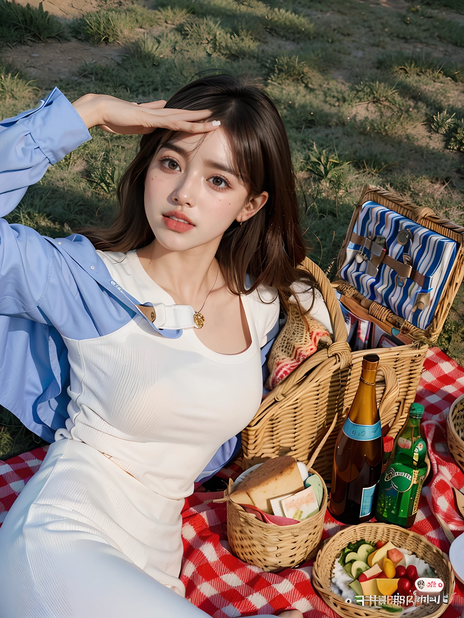A woman sitting on a picnic blanket, holding a basket of food, Dira Ba Dirimurat, picnic, scorching sunlight, album art, fan art, sleek white jumpsuit outfit, beautiful dolphin, beautiful Korean woman, picnic, sandy creek, Chen Xintong, Jia, Open V-neck blouse, glamorous lady, aesthetically pleasing, Uzzan