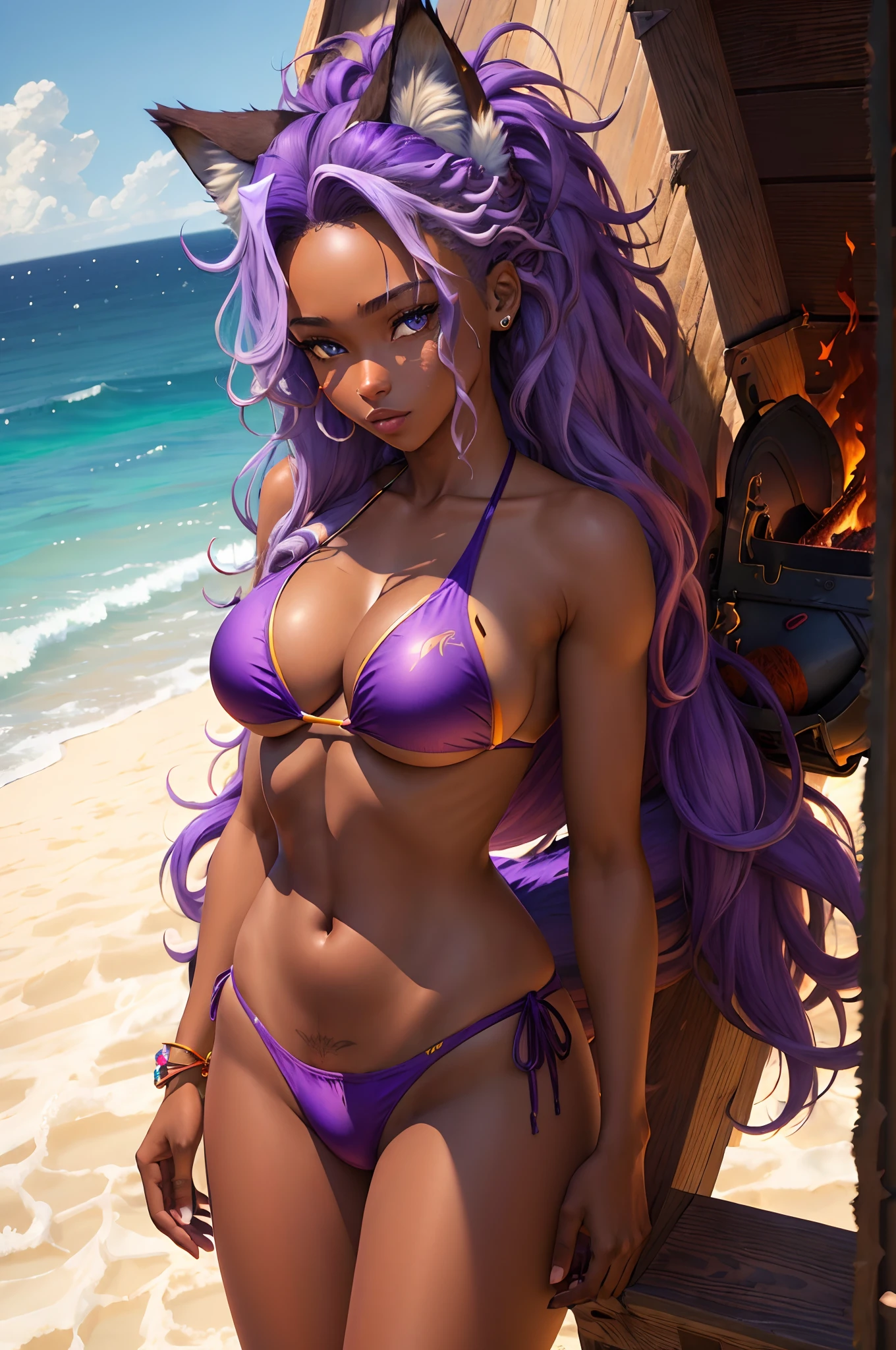 (masterpiece:1.3) extremely detailed, best quality, 1Wolf girl, wolf, dark brown skin, fire, fire hair, (sun tail, long tail) long hair, messy hair, wild hair, purple hair, fire skin, icy blue eyes, hot, furry, fire ear, fire tail, beach, (purple bikini)