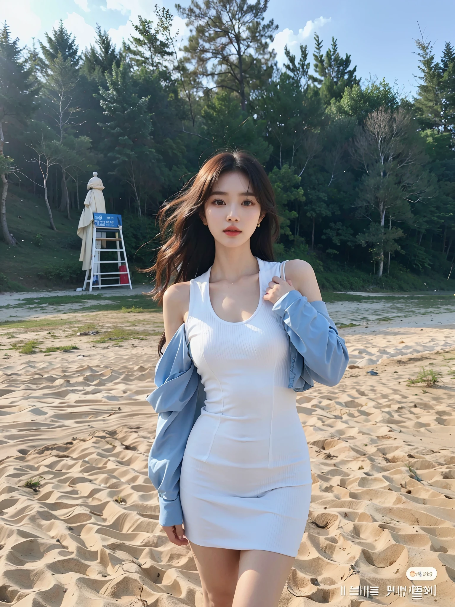 (best quality,4k,8k,highres,masterpiece:1.2),ultra-detailed,(realistic,photorealistic,photo-realistic:1.37),Arafi woman,walking on the beach with the background of trees, white dress, Pei Susan, gorgeous young Korean housewife, beautiful Korean woman, Jaeyeon Nam, beautiful young Korean housewife, Choi Hyun-hwa, Ulezan, smooth white tight-fitting suit, Lee Ji-eun, Hanbok model, Shin Jin-yeong.