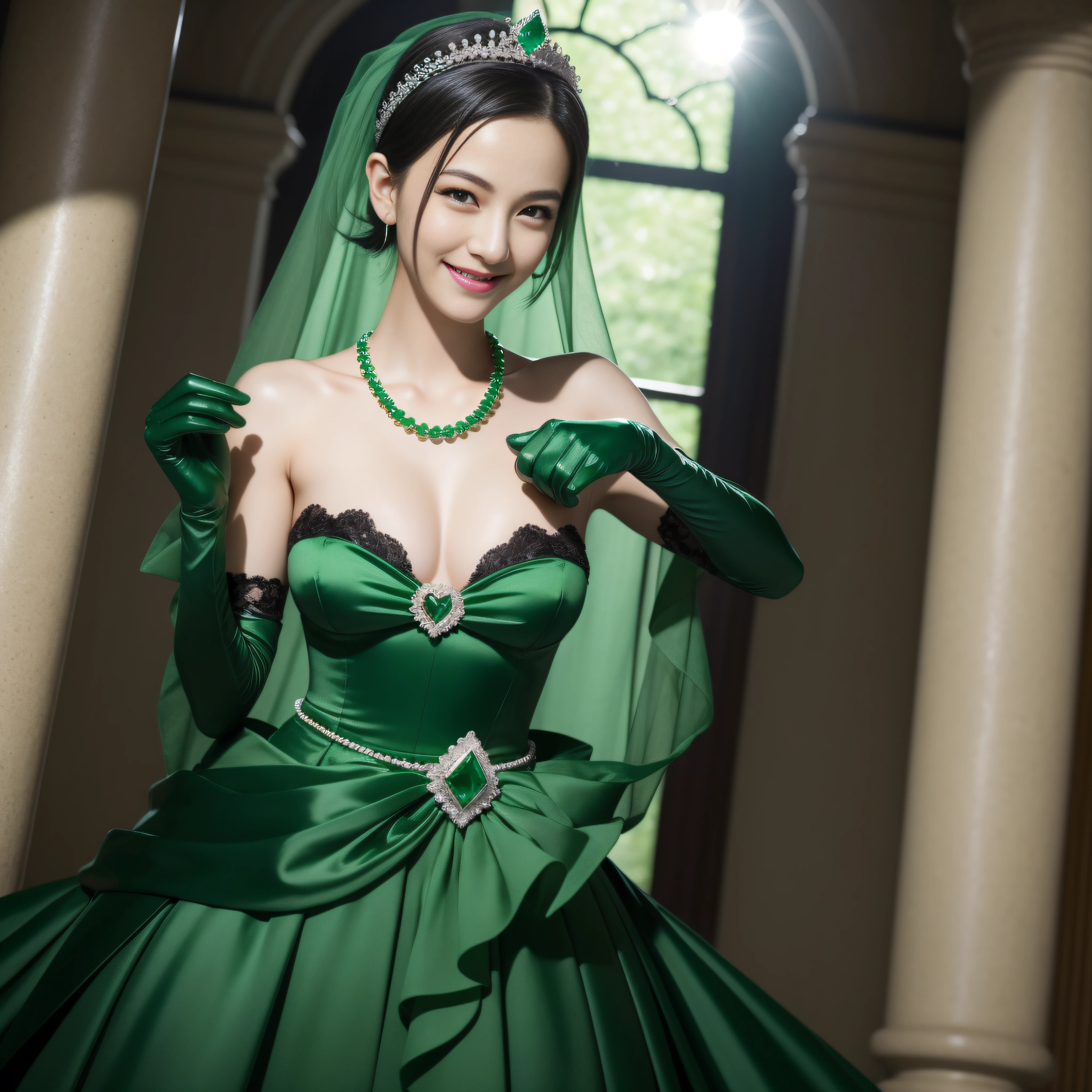 emerald tiara, Green Pearl Necklace, Boyish very short black hair, lipsticks, Japan woman smiling, Long green gloves made of satin material, very short short hair, Guts Pose, Green eyes, big breasts beautiful