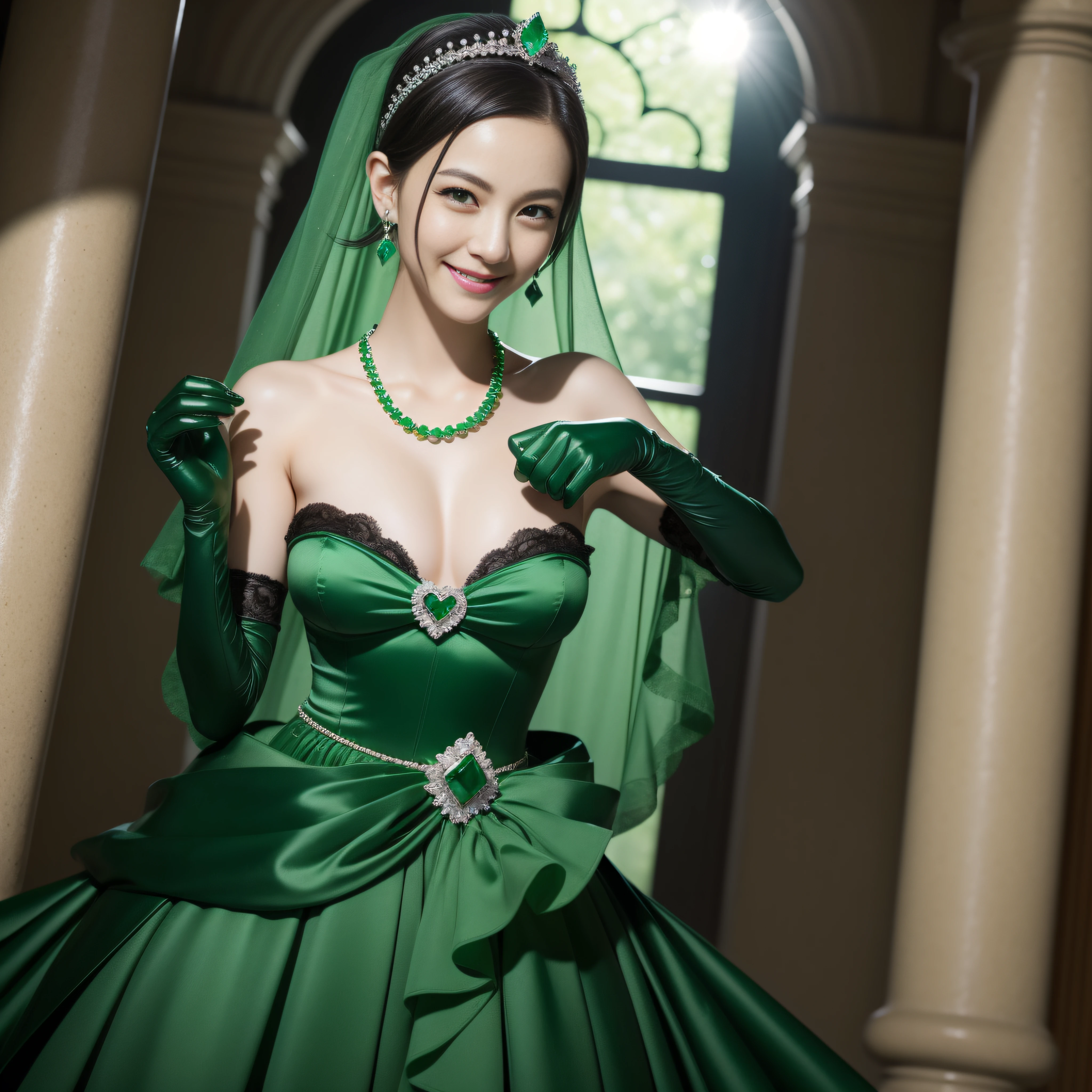 emerald tiara, Green Pearl Necklace, Boyish very short black hair, lipsticks, Japan woman smiling, Long green gloves made of satin material, very short short hair, Guts Pose, Green eyes, big breasts beautiful