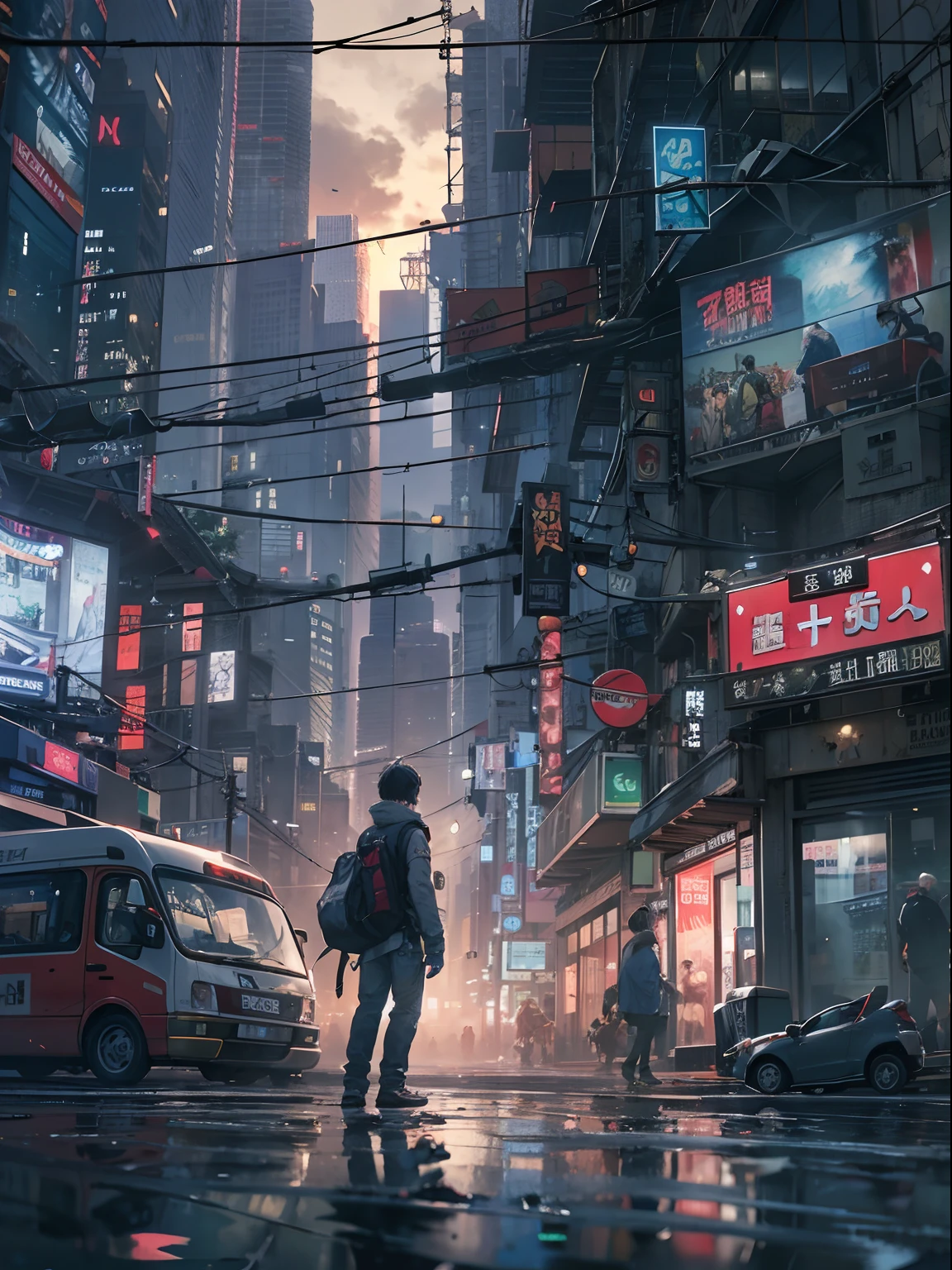 1boy,a 13 yo boy、Cyberpunk Boy、katanas,Whole body bloody、The beginning of the adventure、Lots of clouds,heavy fog、starrysky、Moon,Chaotic city of the future、Movie dystopia、A group of very tall skyscrapers stands in the center、Very complex cityscape,Crowded Chinese skyscrapers、street signs、streetlights、taxis、buses、Train、Pretty dim lighting、Dark road、puddles、Chaotic、Beautiful and fantastic scenery、Cinematic scenery、hightquality、masutepiece,in 8K、hight resolution、