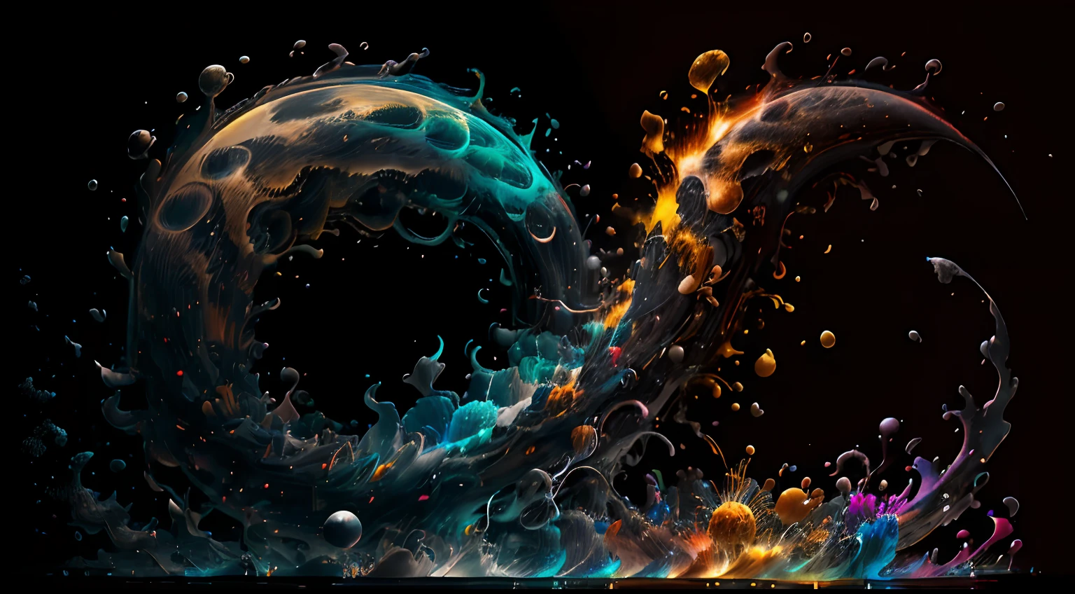 Obra de Arte abstracto en movimiento.Arte de Alberto Severo. Un primer plano de chorros y corrientes de metales preciosos fundidos que chocan entre si y forman , inmensas cantdades de gotas y chorros metalicos de oro, plata, cobre mercurio, que burbujean ,explotan ,remolinean y fluyen y ocupan todo el espacio, nubes de fluidos de colores metalicos dorados, plateados, cobrizos brillantes y tornasolados,burbujas tornasoladas, ,remolinos de gotas tornasoladas que giran y escapan.Crea una fascinante obra de arte abstracta con un enfoque en la fluidez y el movimiento. Utilice una paleta de colores rica y diversa, Blend tones seamlessly to evoke a sense of continuous movement, Background of psychedelic fuids in motion. Arte de los fluidos en movimiento