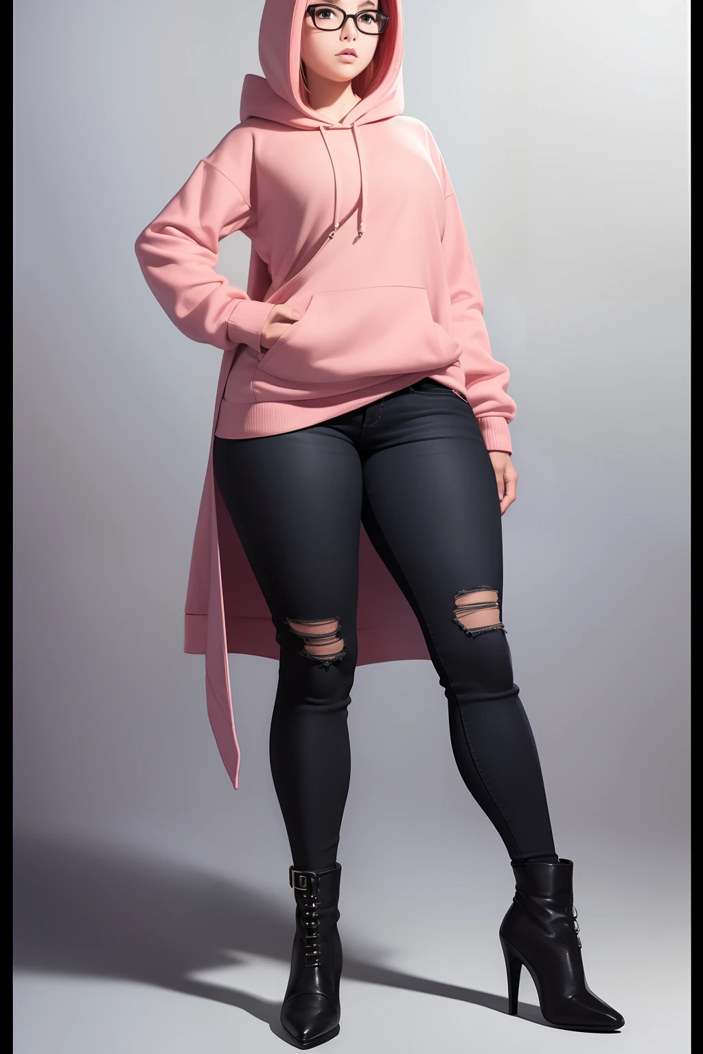 ((Masterpiece)), ((Best quality)), ((high resolution)), ((finedetail)), full body view, character concept art, comic character concept,1girl, young teenager, medium straight pink hair, red hoodie jumper, (((Small bust))), jeans, black rounded toe heeled boots, glasses, (wide hips), ((thick thighs))